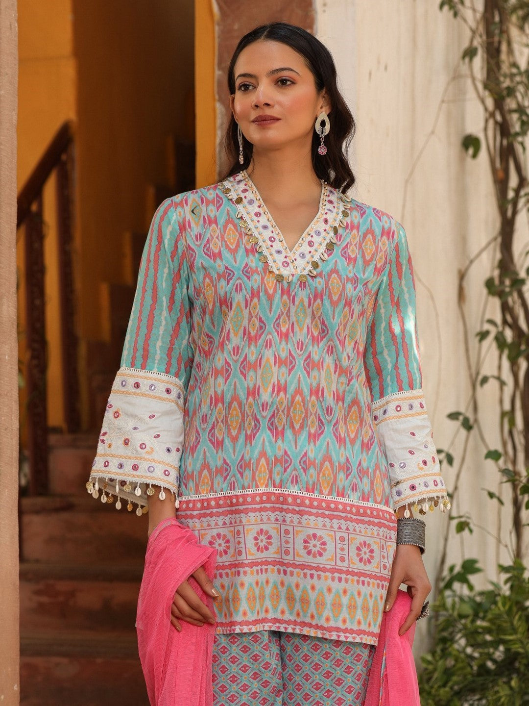 Sky Blue Ikat Printed Cotton Voile Kurta Bell Bottom & Dupatta Set With Coins Kaudi & Mirror Work
