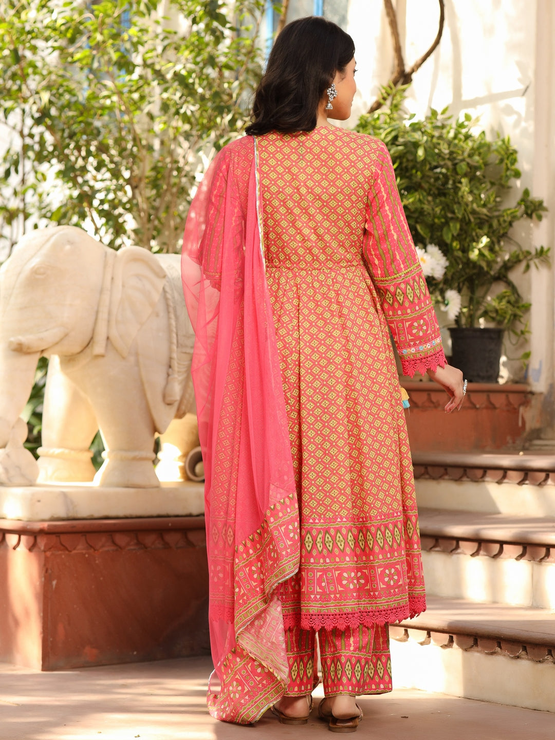 Green Pure Cotton Ikat Printed Alia Cut Anarkali Kurta Set With Tassels & Thread Embroidery