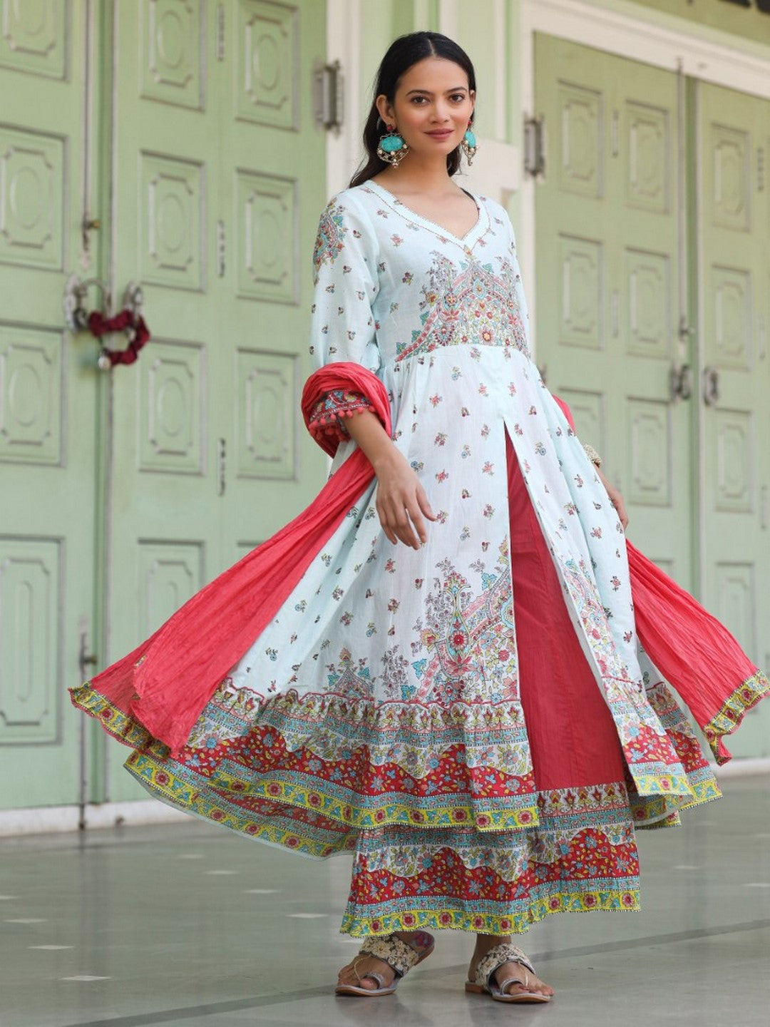 Sky Blue Cotton Floral Printed Anarkali Kurta With Pants And Dupatta Set With Sequins & Beadwork