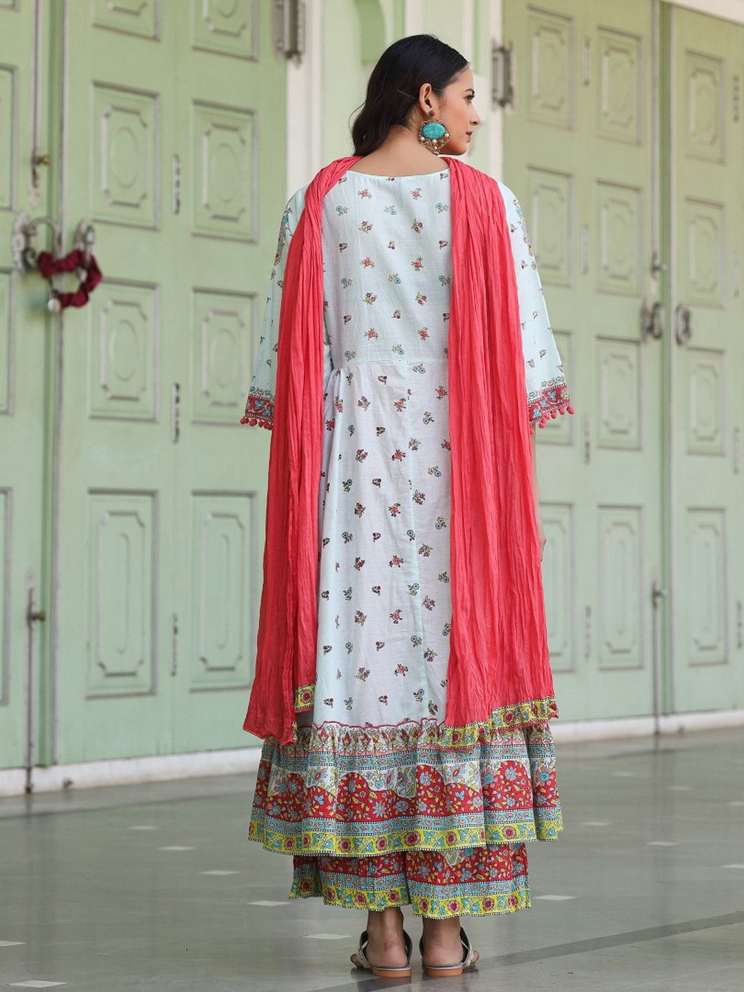 Sky Blue Cotton Floral Printed Anarkali Kurta With Pants And Dupatta Set With Sequins & Beadwork