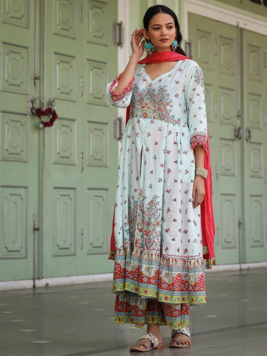 Sky Blue Cotton Floral Printed Anarkali Kurta With Pants And Dupatta Set With Sequins & Beadwork