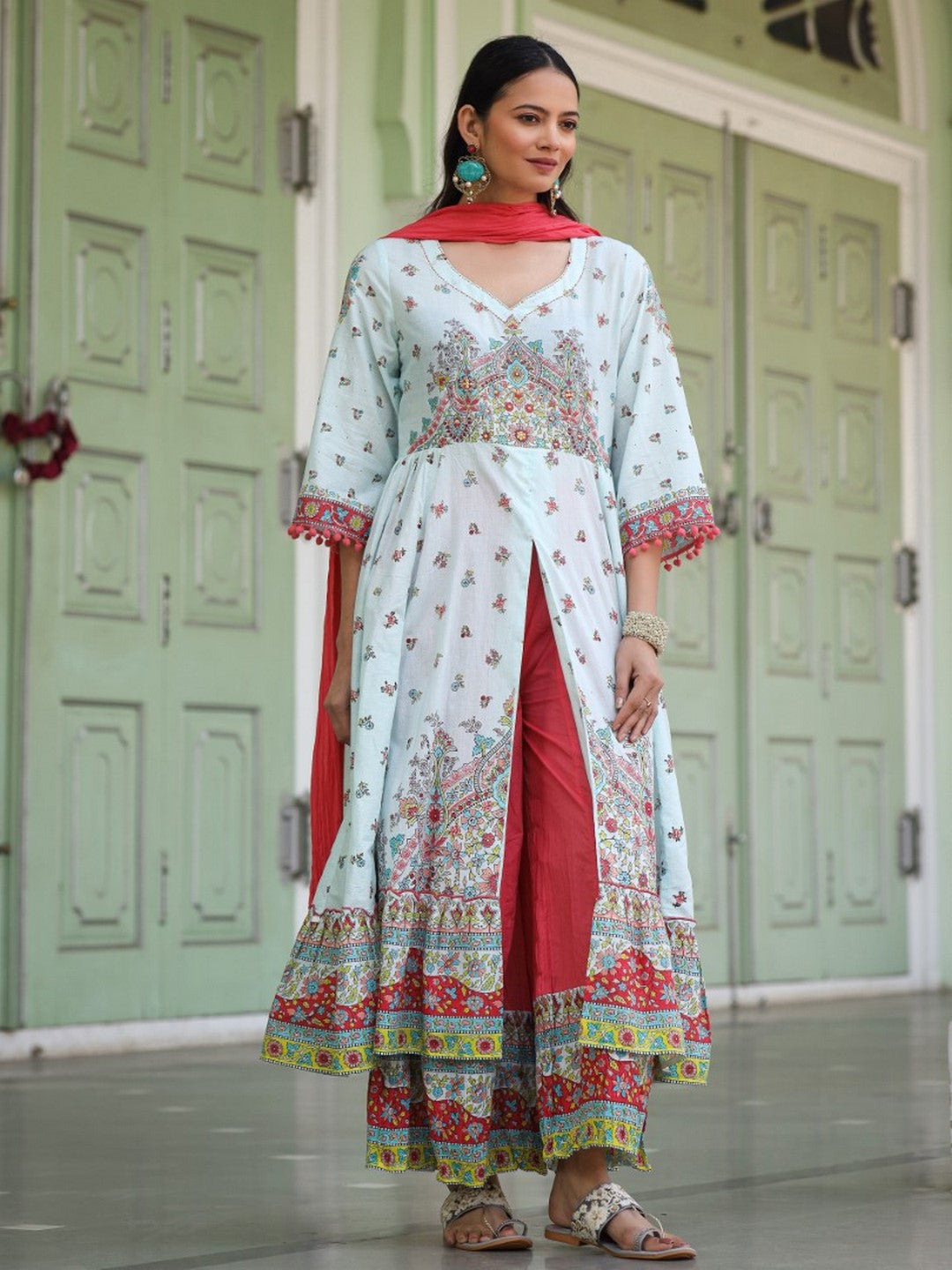Sky Blue Cotton Floral Printed Anarkali Kurta With Pants And Dupatta Set With Sequins & Beadwork