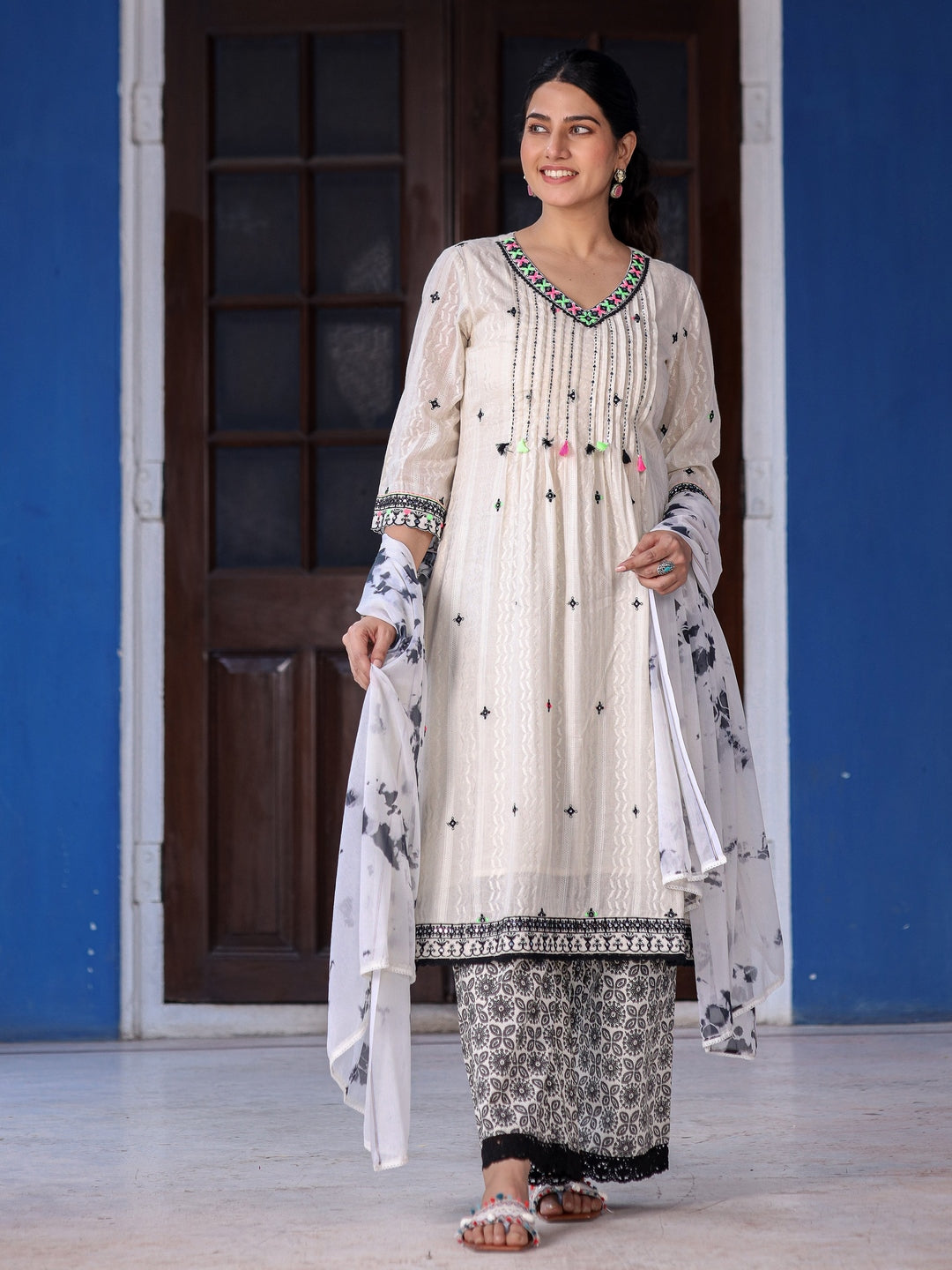 Off-White & Black Cotton Dobby Pleated Embroidered Kurta Palazzo & Dupatta Set