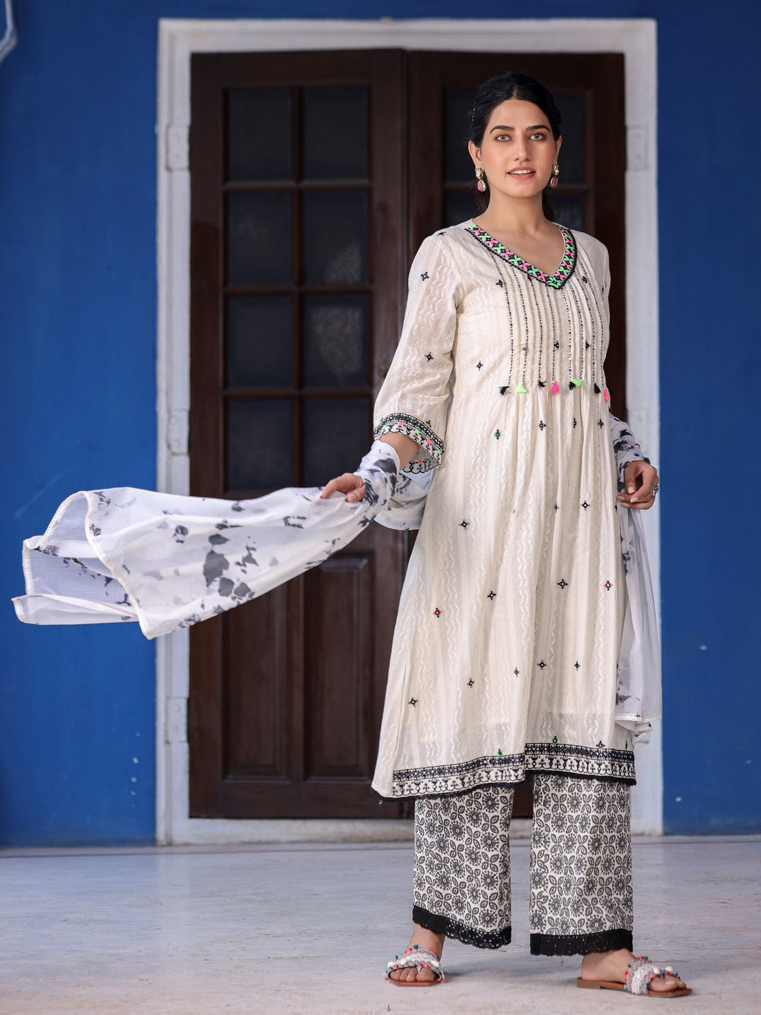 Off-White & Black Cotton Dobby Pleated Embroidered Kurta Palazzo & Dupatta Set