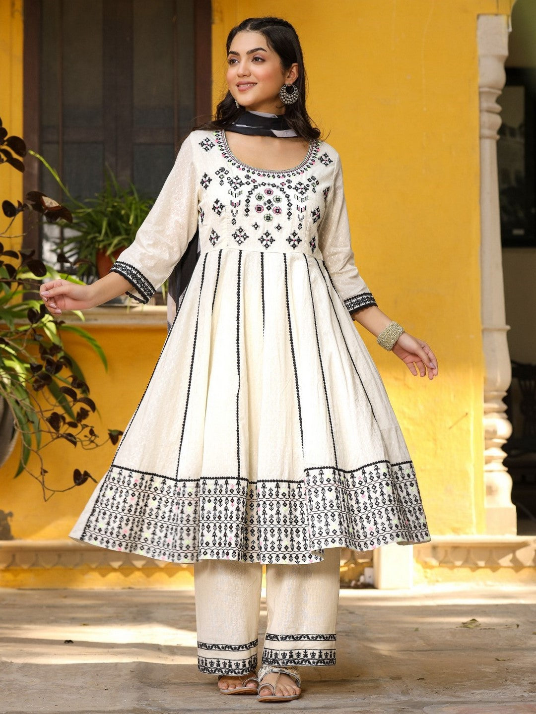 Black & White Cotton Embroidered Anarkali Kurta Pants & Dupatta Set