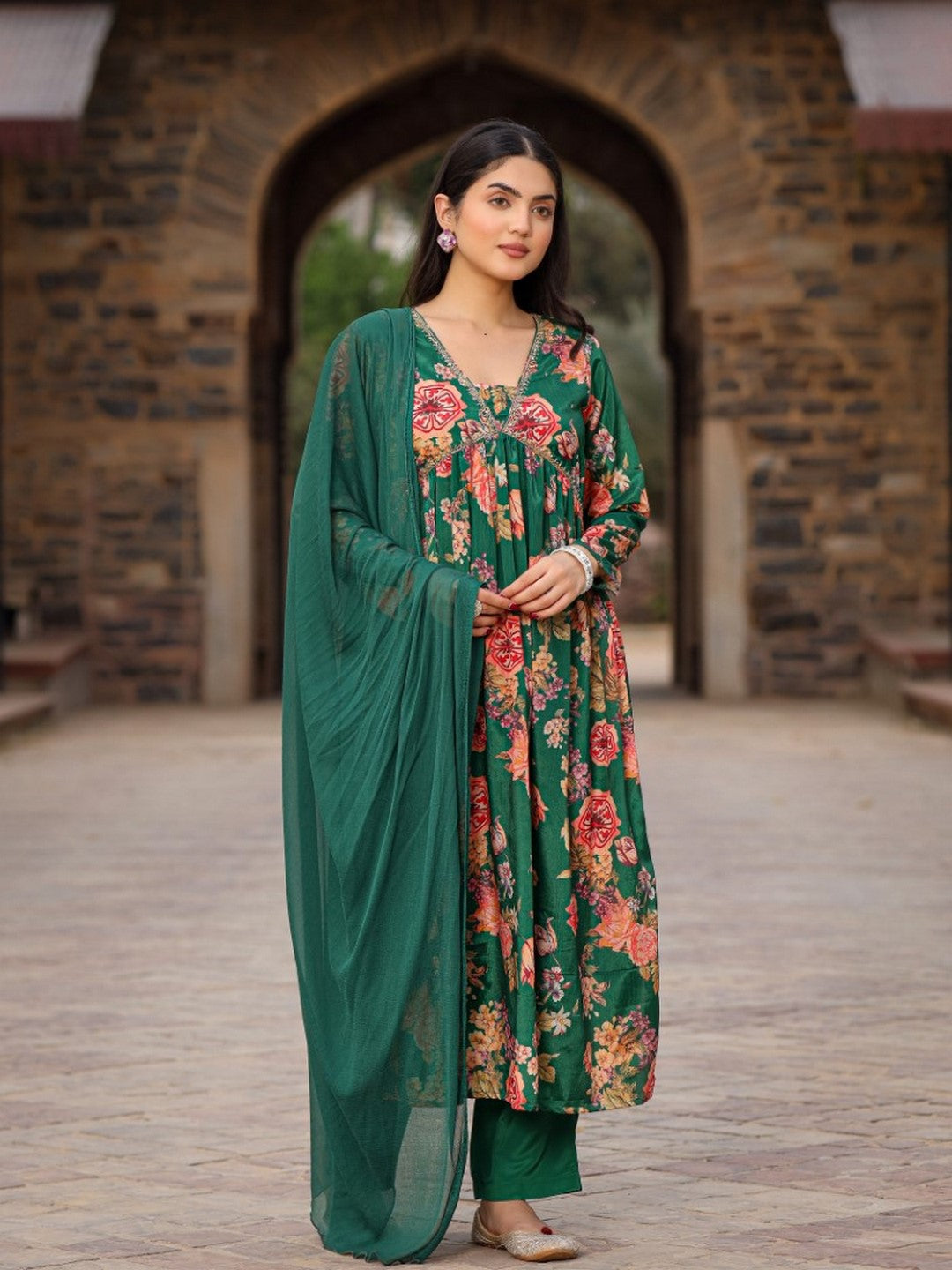 Green Floral Printed Poly Chinnon Kurta Pants & Dupatta Set With Mirror Work Embroidery