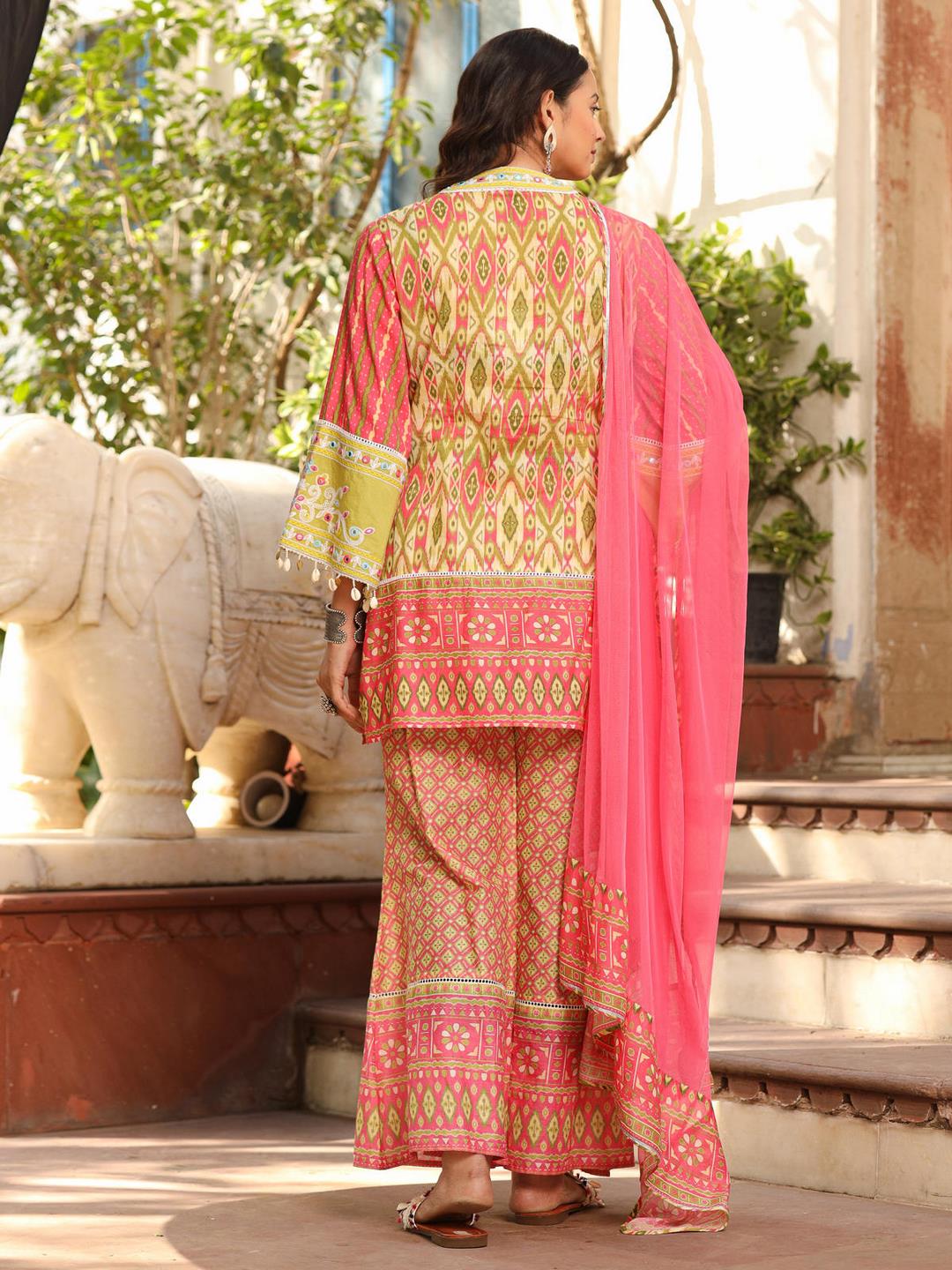 Green Cotton Ikat Printed Short Kurta Bell Bottom & Dupatta With Threaded Embroidery & Kaudis