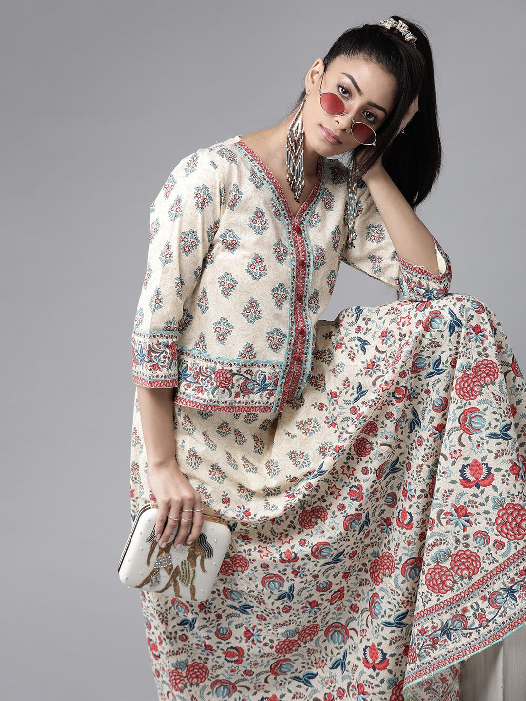Beige Floral Printed Pure Cotton Lehenga Choli With Gota Work
