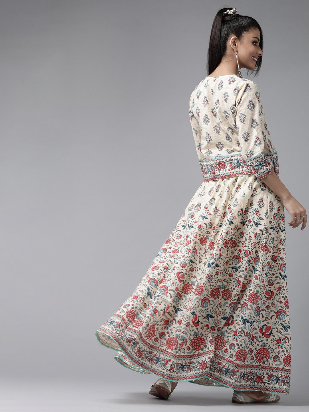 Beige Floral Printed Pure Cotton Lehenga Choli With Gota Work