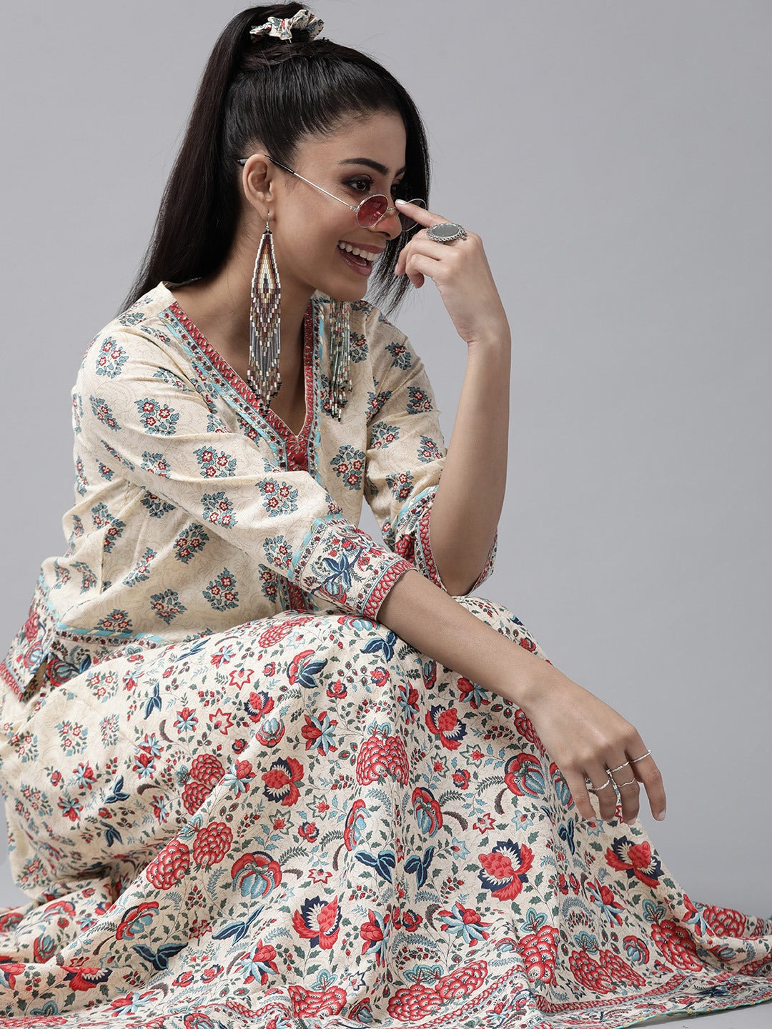 Beige Floral Printed Pure Cotton Lehenga Choli With Gota Work