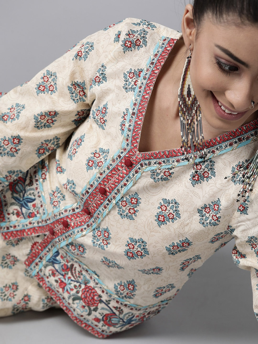 Beige Floral Printed Pure Cotton Lehenga Choli With Gota Work