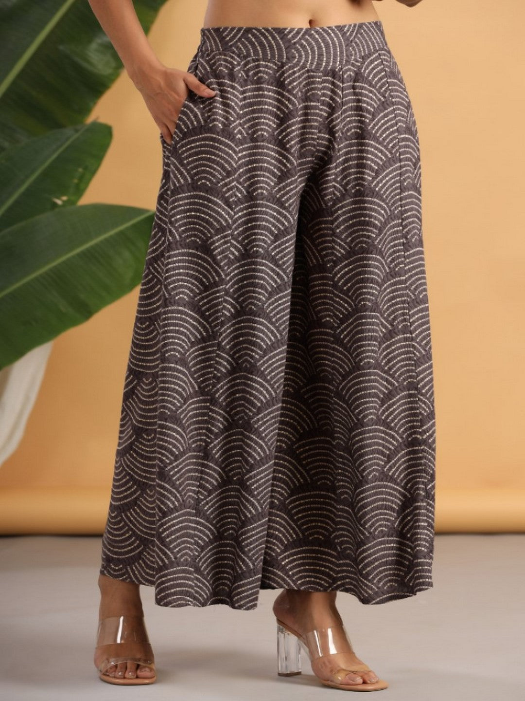 Grey Ethnic Motif Printed Rayon Flared & Kalidar Palazzo