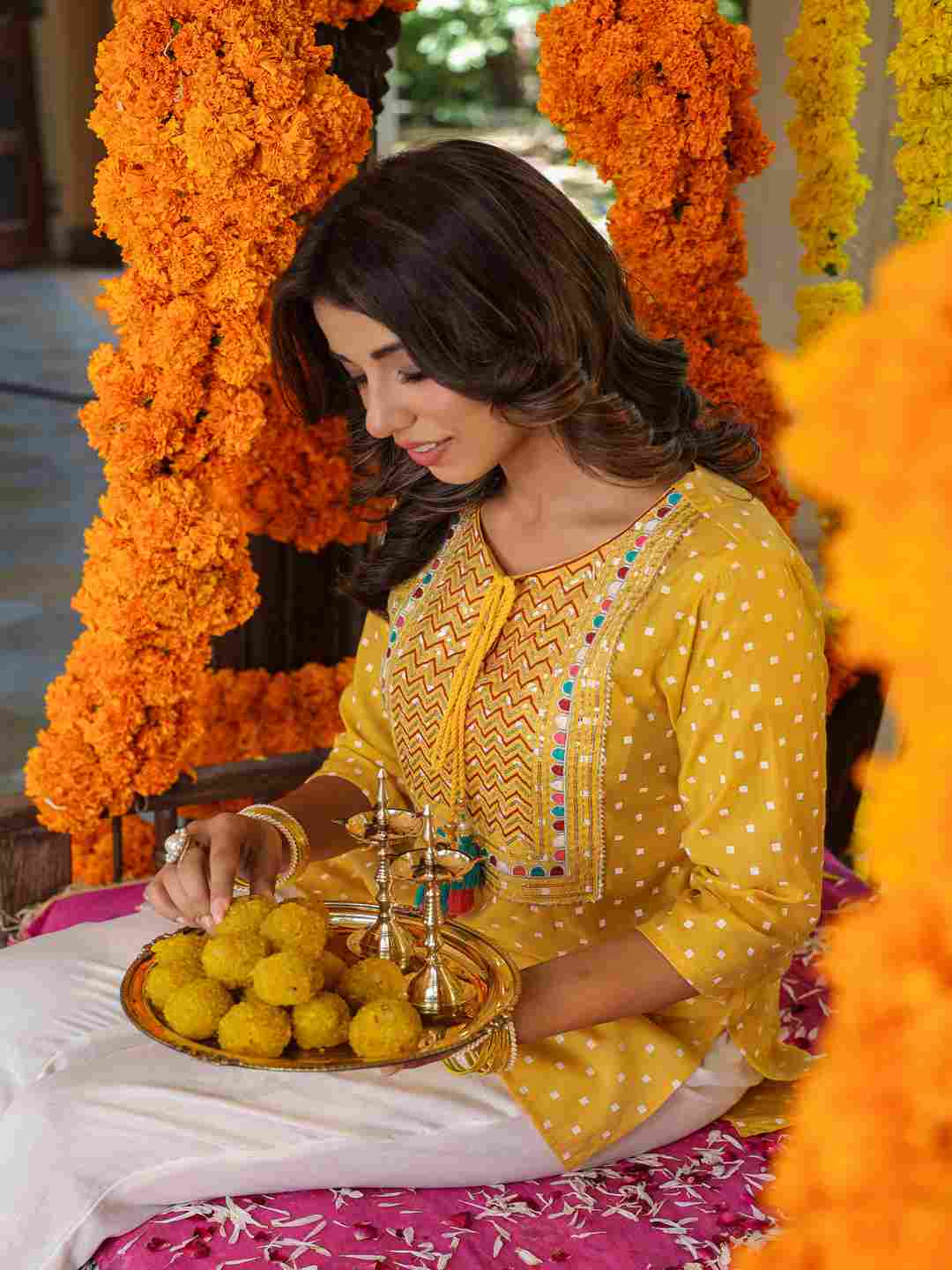 Yellow Muslin Printed High-Low Straight Tunic With Embroidered Yoke