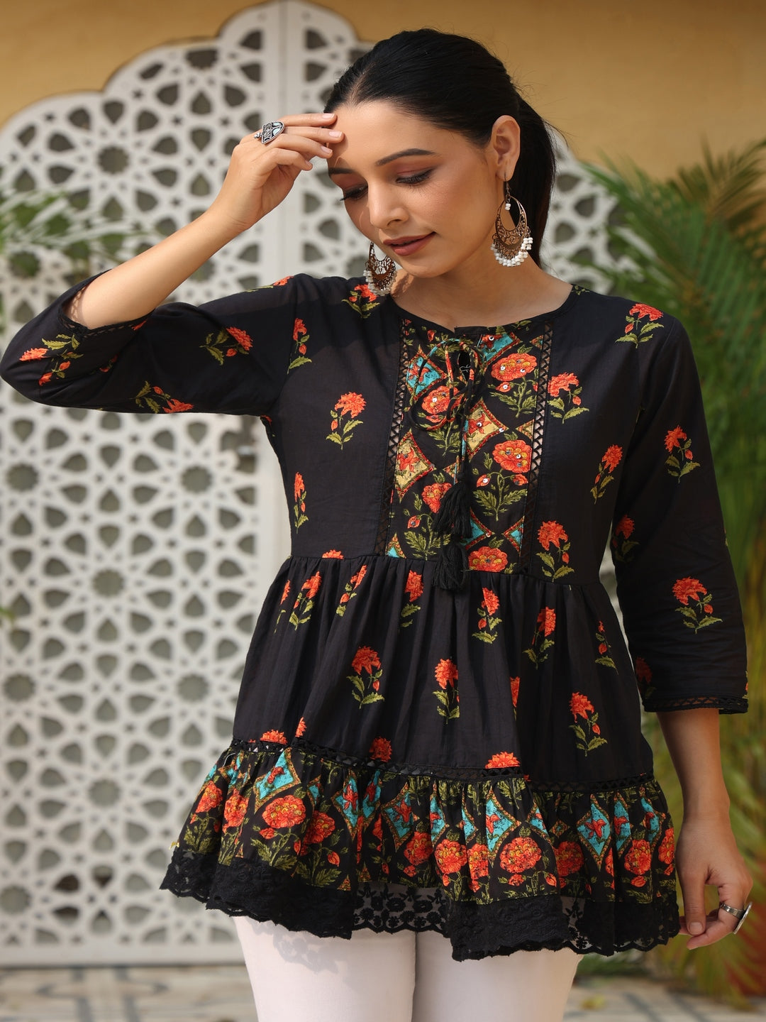Black Floral Printed Peplum Pure Cotton Tunic With Lace