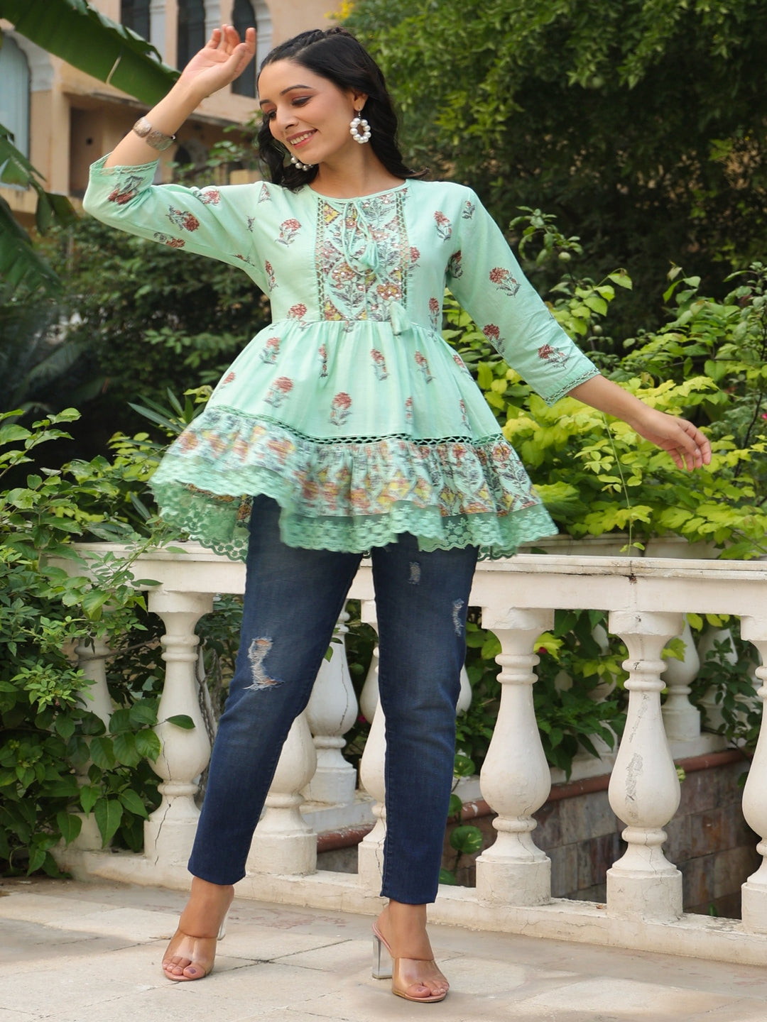 Pista Green Floral Printed Pure Cotton Peplum Tunic With Lace
