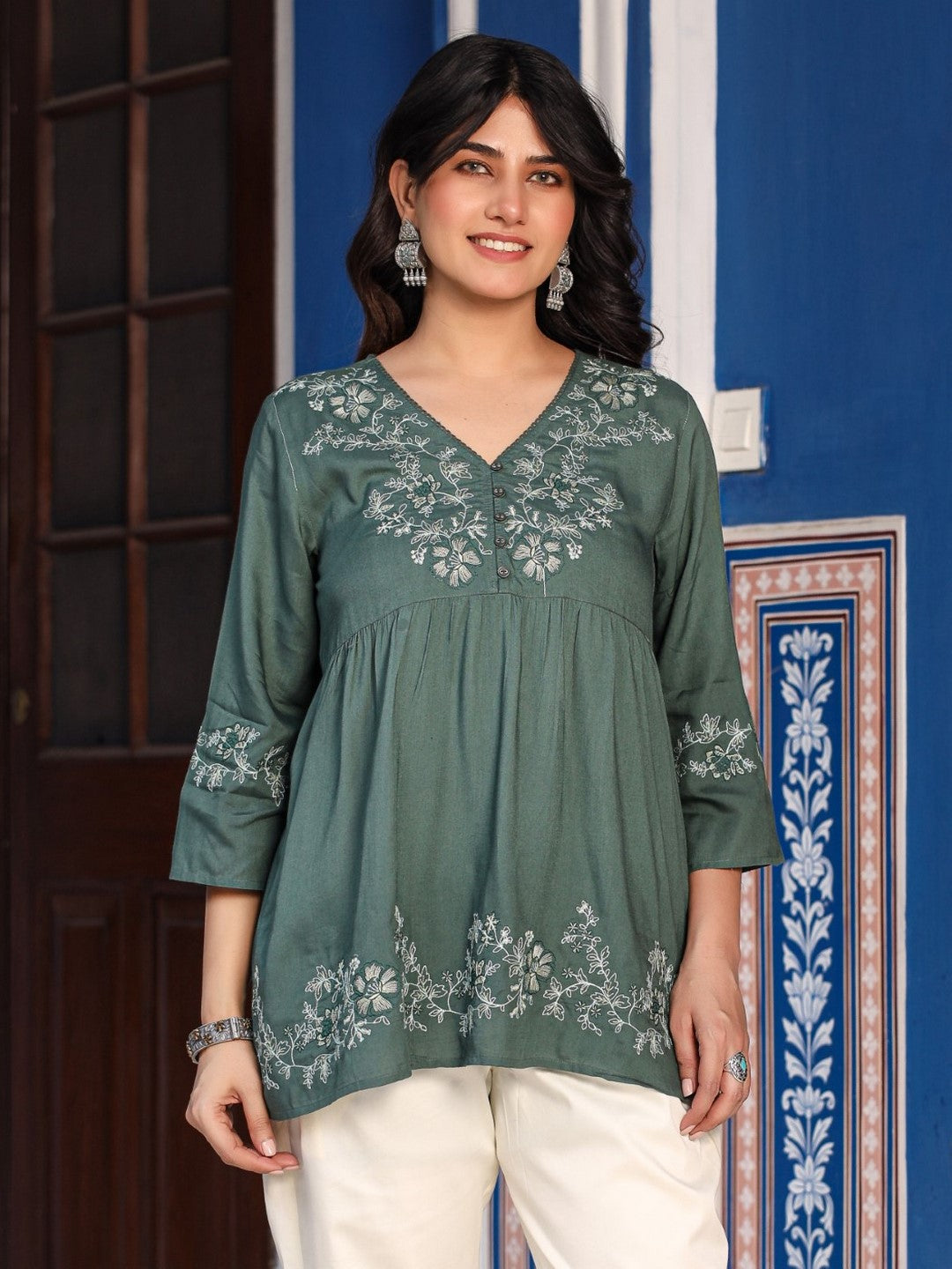 Green Modal Rayon Alia-Cut Embroidered Tunic