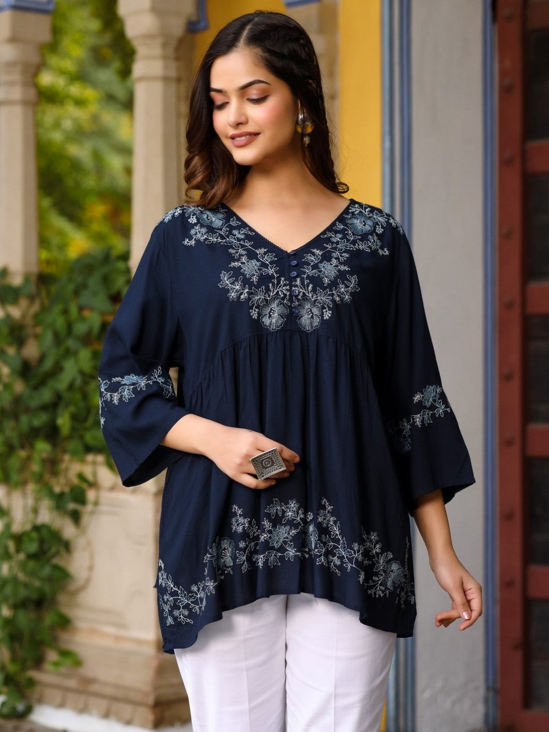 Navy Blue Modal Rayon Alia-Cut Embroidered Tunic