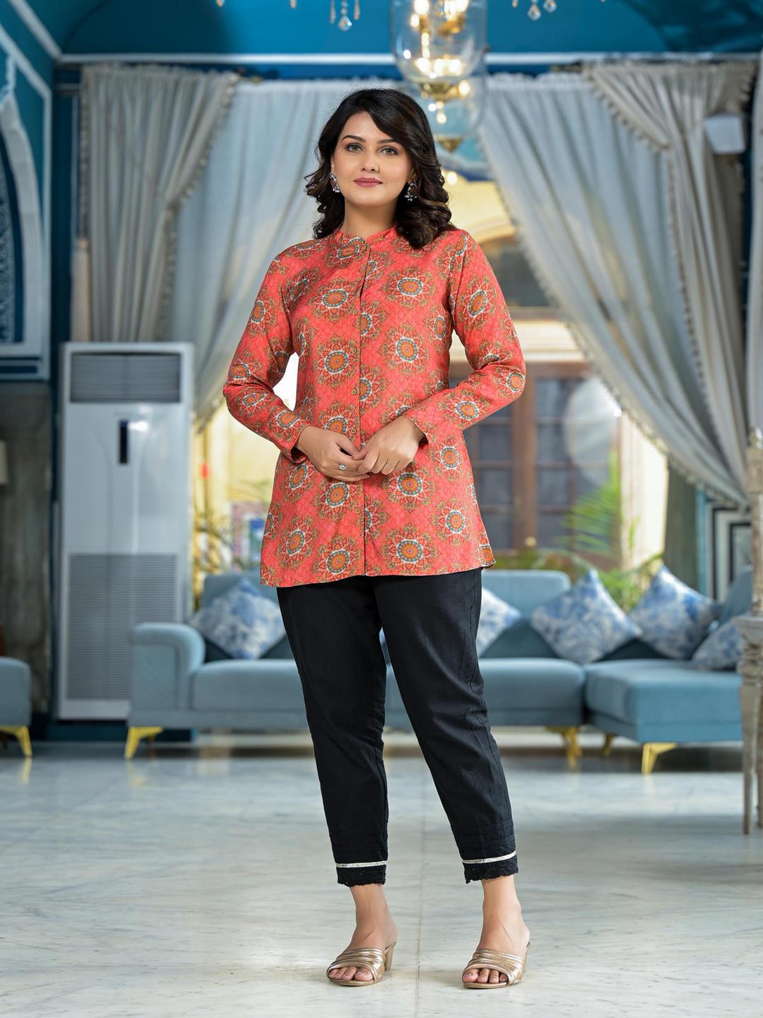 Orange Ethnic Motif Printed Viscose Tunic With Buttons Detailing