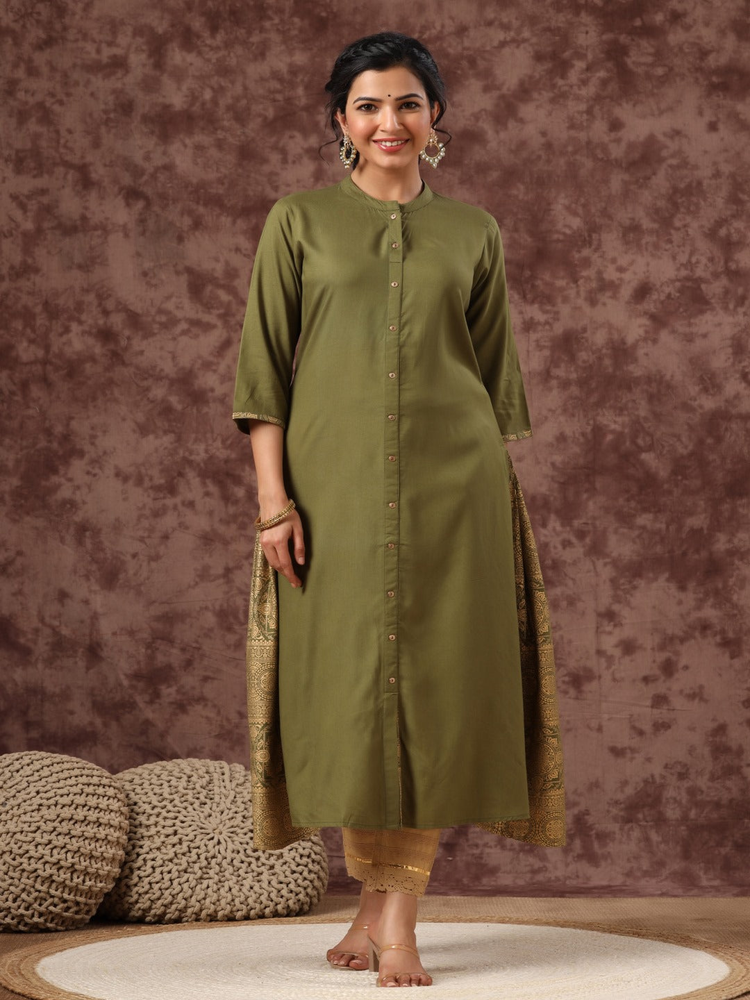 Olive Ethnic Motif Printed Rayon A-Line Women Kurta