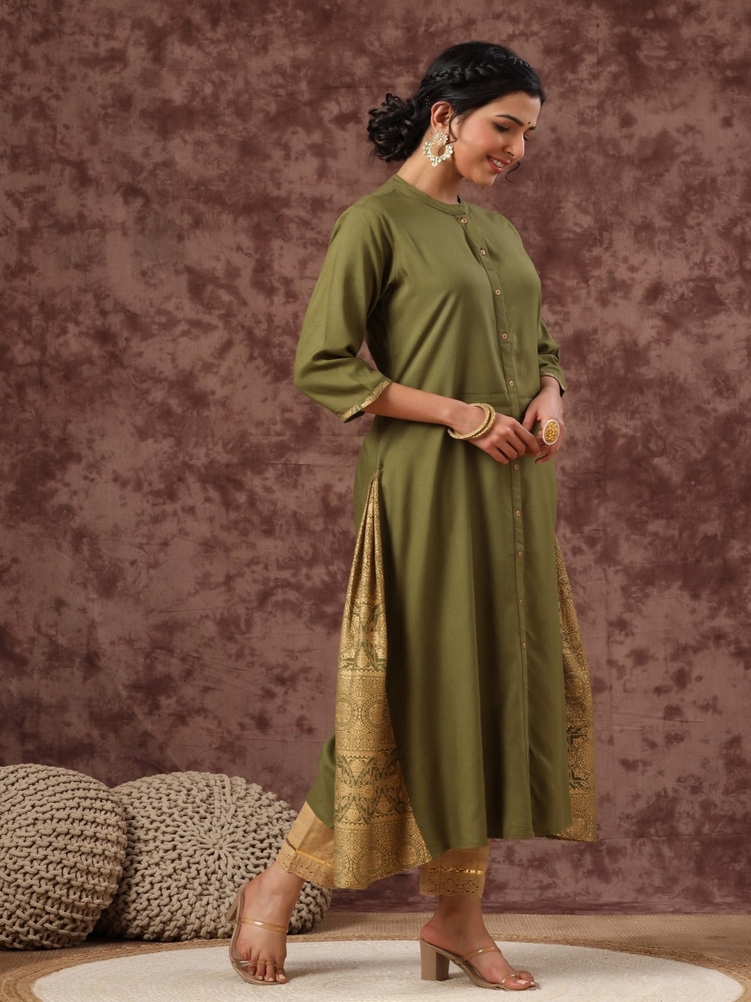 Olive Ethnic Motif Printed Rayon A-Line Women Kurta