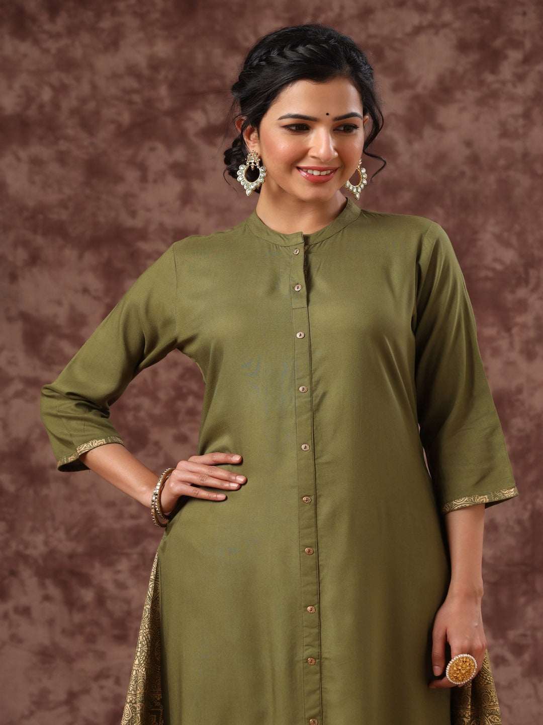 Olive Ethnic Motif Printed Rayon A-Line Women Kurta