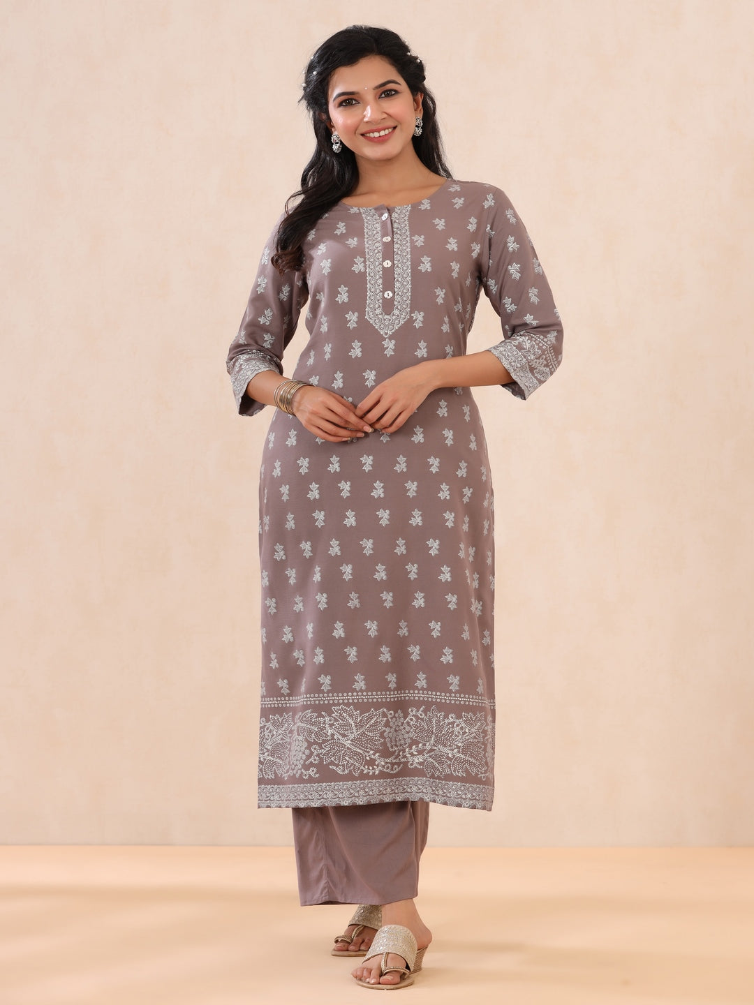 Grey Ethnic Motif Printed Rayon Kurta With Buttons