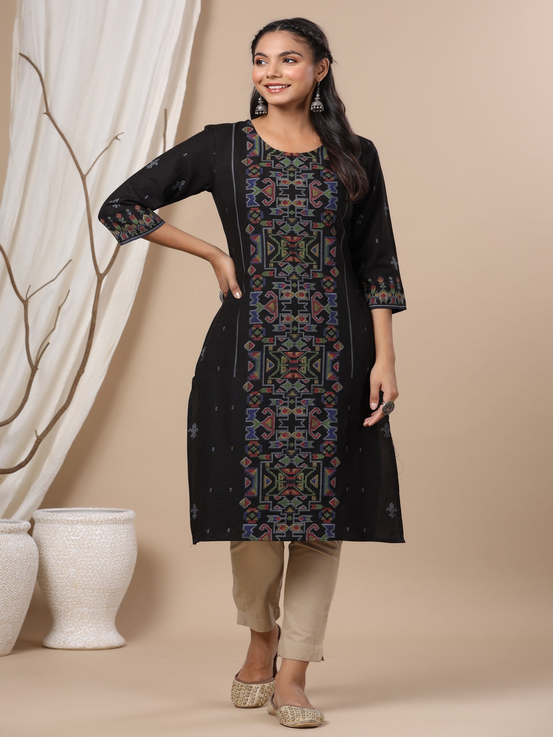 Black Ethnic Motif Printed Rayon Flex Straight Kurta.