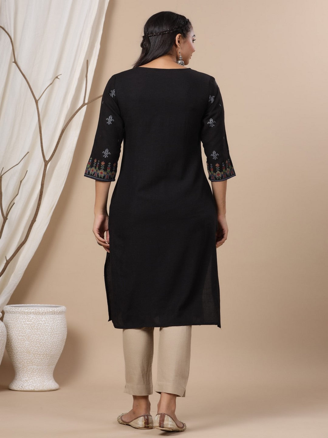 Black Ethnic Motif Printed Rayon Flex Straight Kurta.