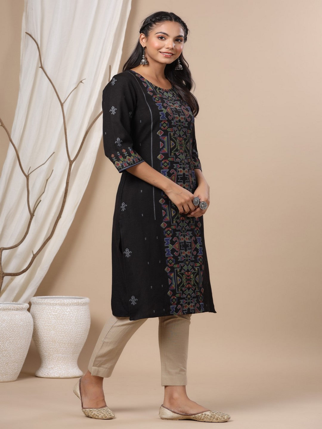Black Ethnic Motif Printed Rayon Flex Straight Kurta.