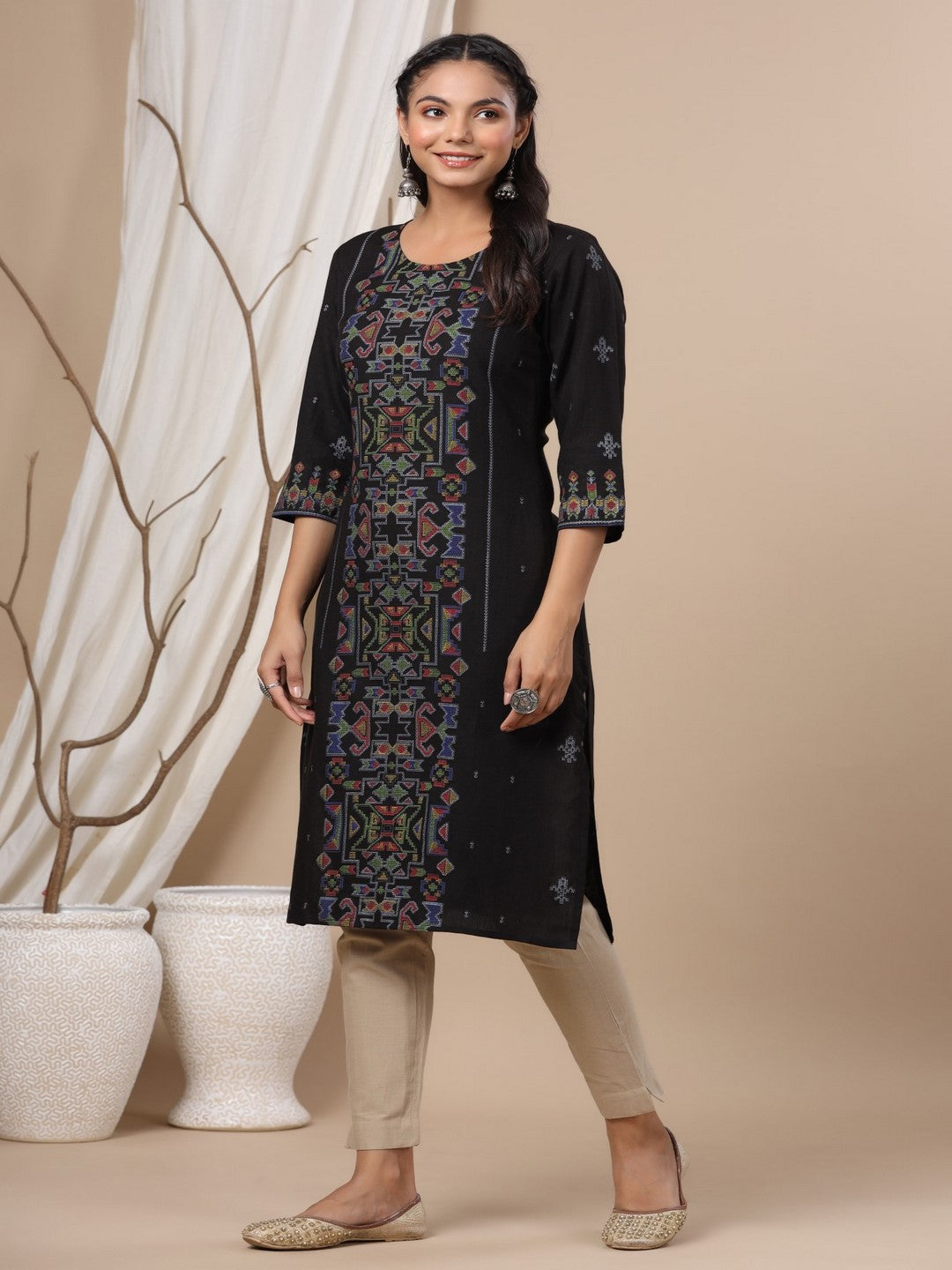 Black Ethnic Motif Printed Rayon Flex Straight Kurta.