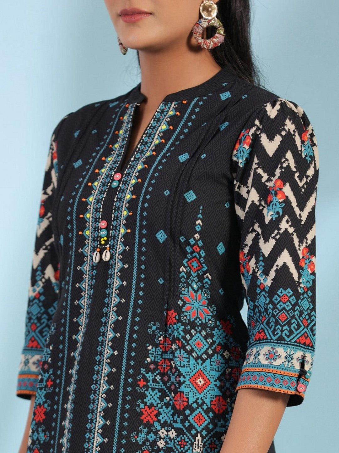 Black Pure Cotton Geometric Printed & Pleated Kurta With Beads & Sequins