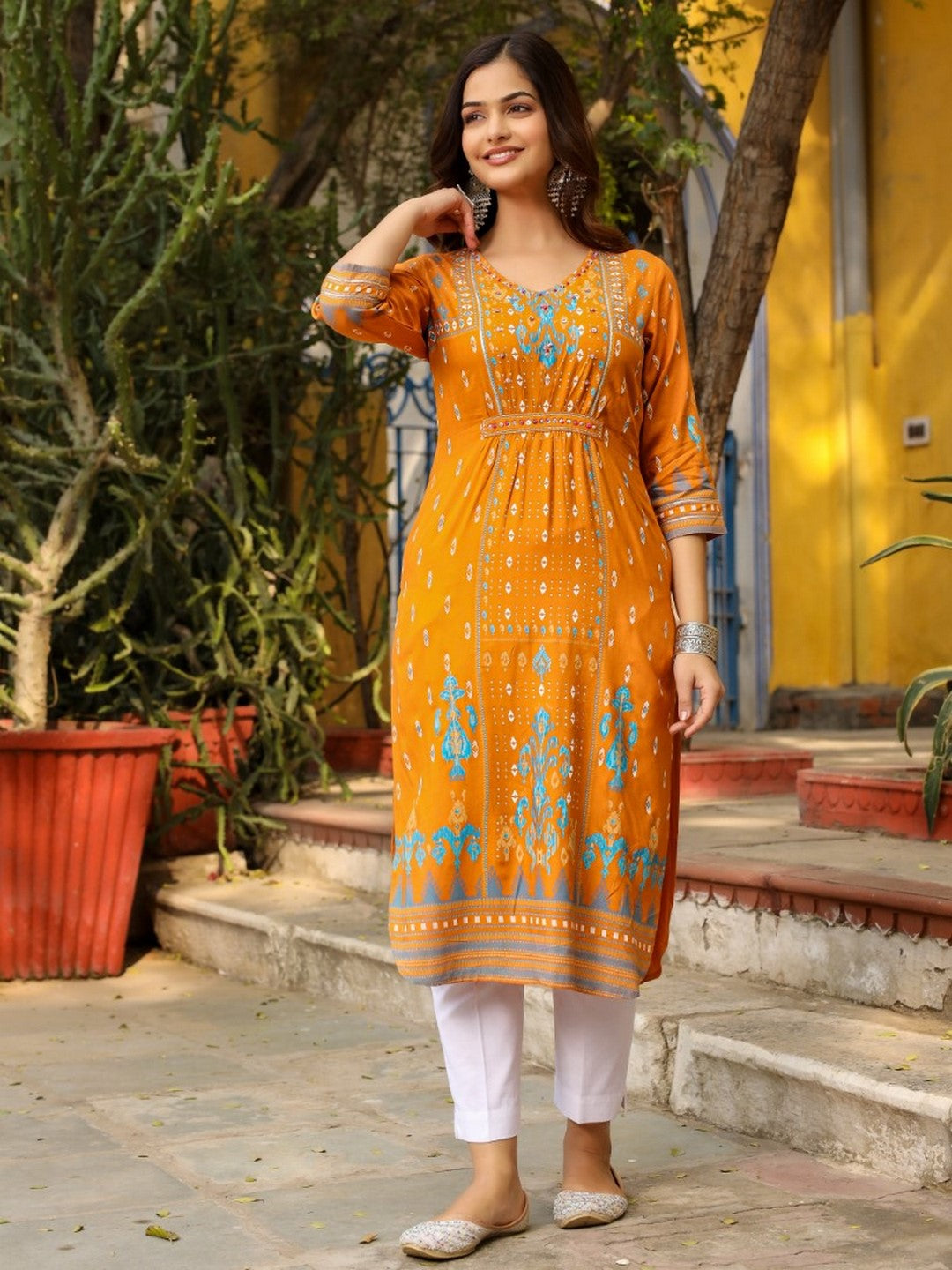Mustard Ikat Printed Rayon Kurta With Gathers At Front Beads & Sequence Work