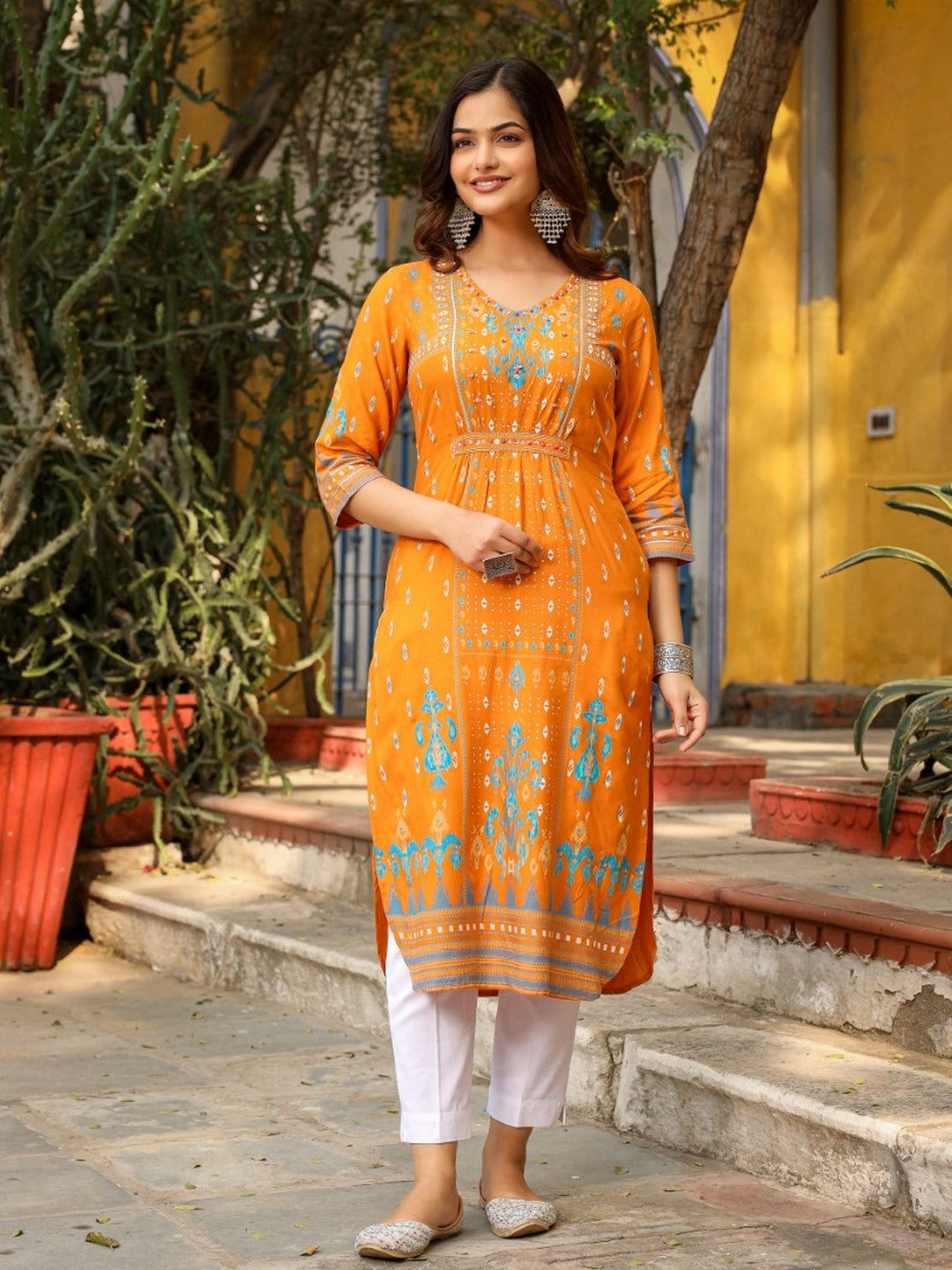 Mustard Ikat Printed Rayon Kurta With Gathers At Front Beads & Sequence Work
