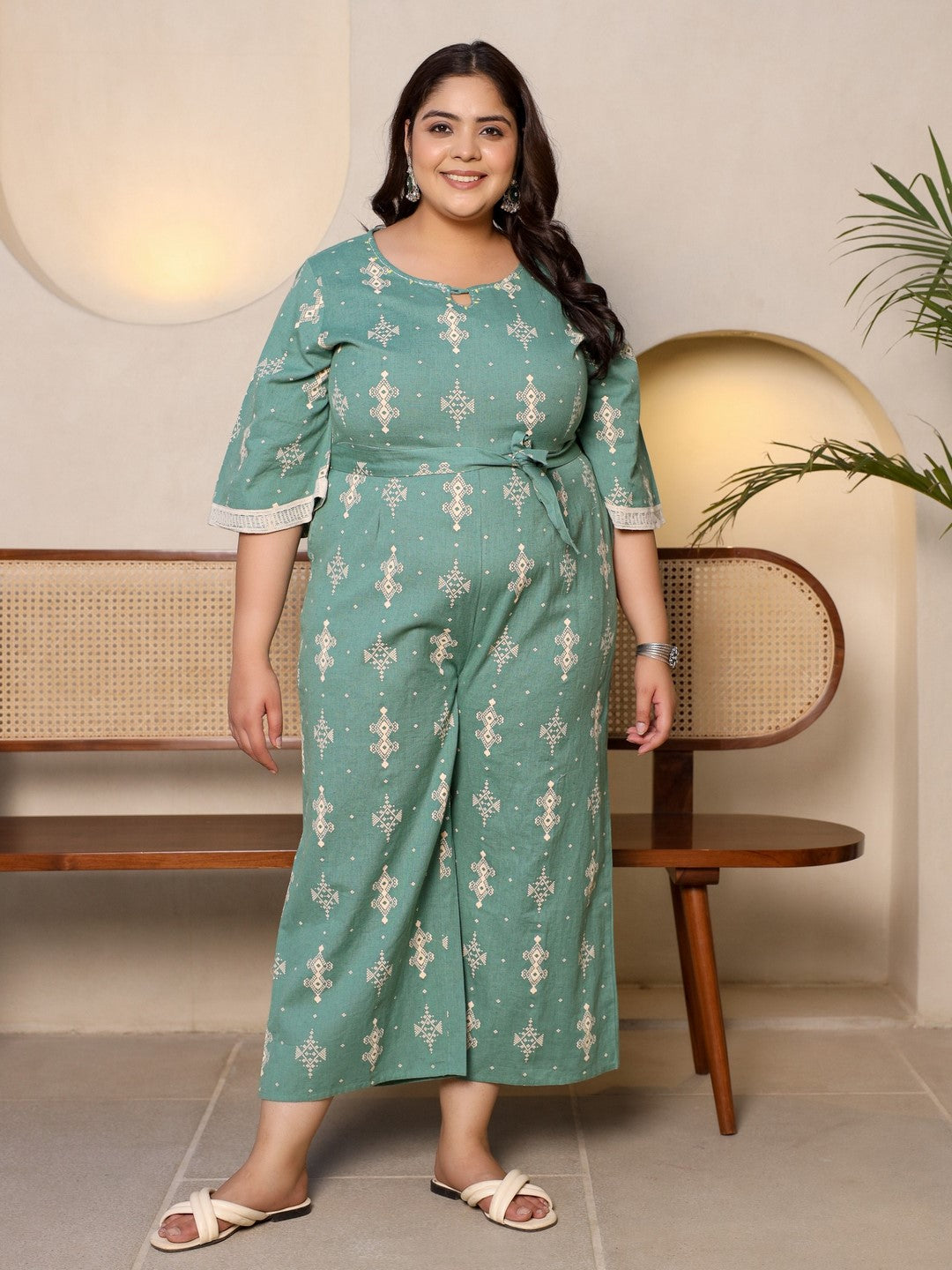 Sage Green Geometric Printed Cotton Flex Jumpsuit With Zip Closure