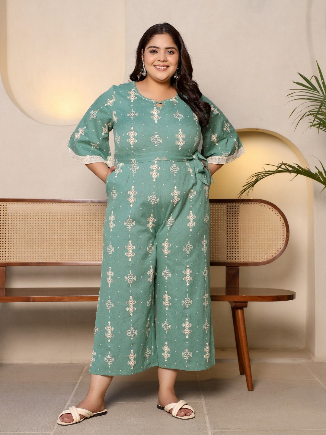 Sage Green Geometric Printed Cotton Flex Jumpsuit With Zip Closure