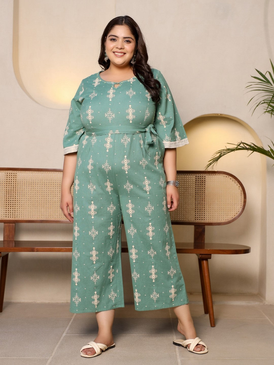 Sage Green Geometric Printed Cotton Flex Jumpsuit With Zip Closure