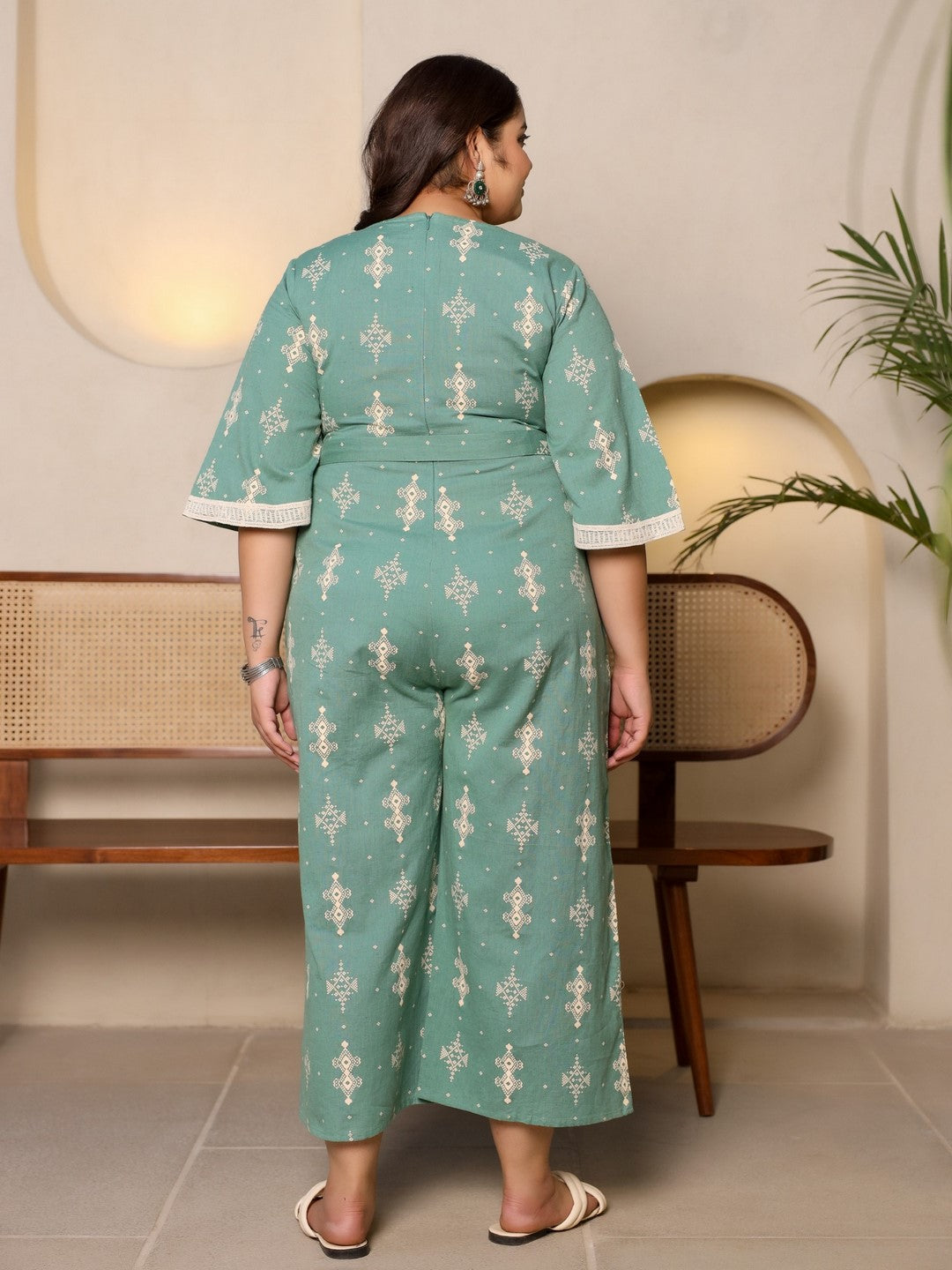 Sage Green Geometric Printed Cotton Flex Jumpsuit With Zip Closure