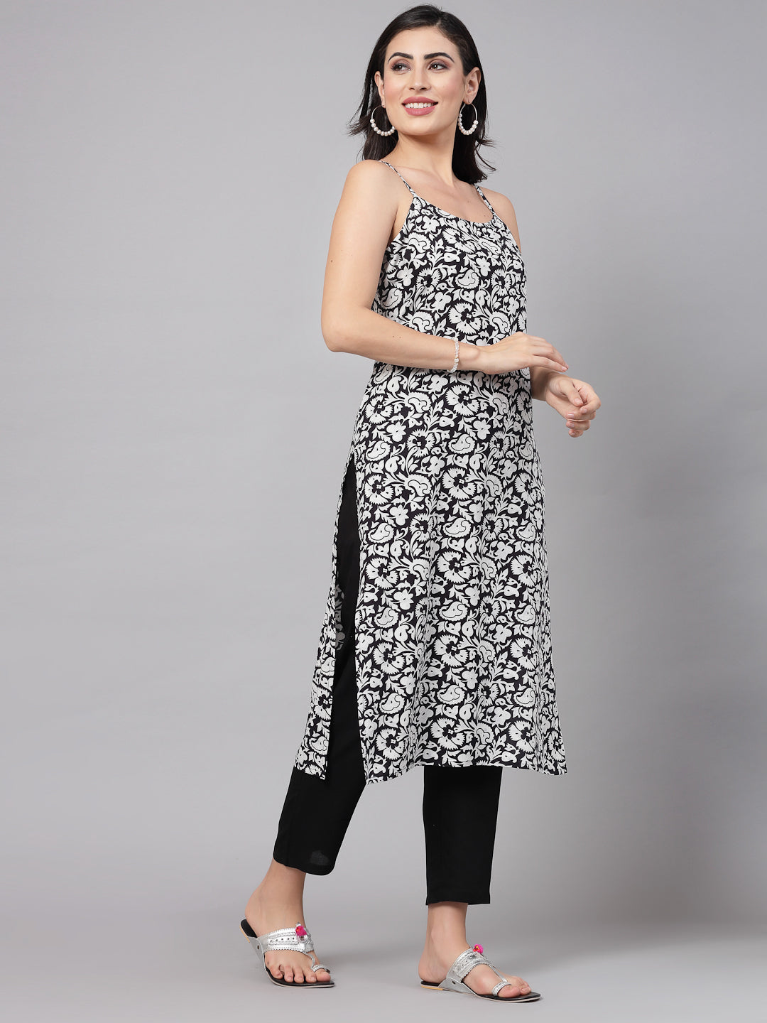 Black Floral Printed Kurta Set - Rayon Fabric, Sleeveless, Square Neck And Calf Length