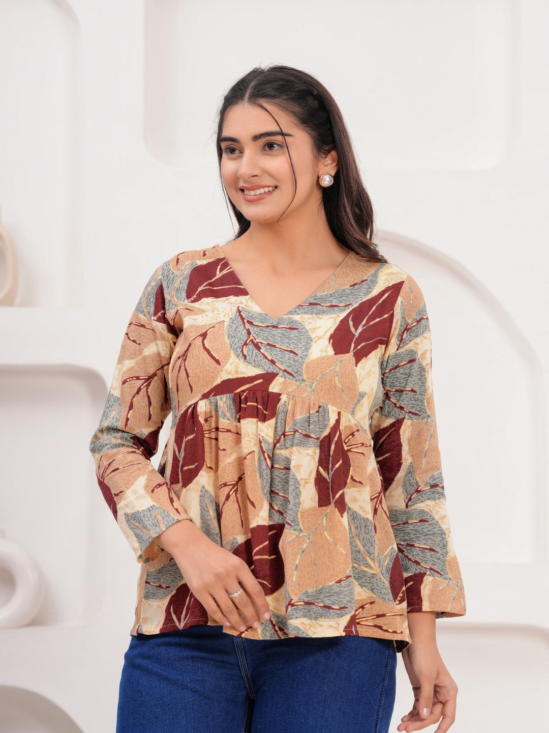 Grey Maroon Printed Tops & Tunic