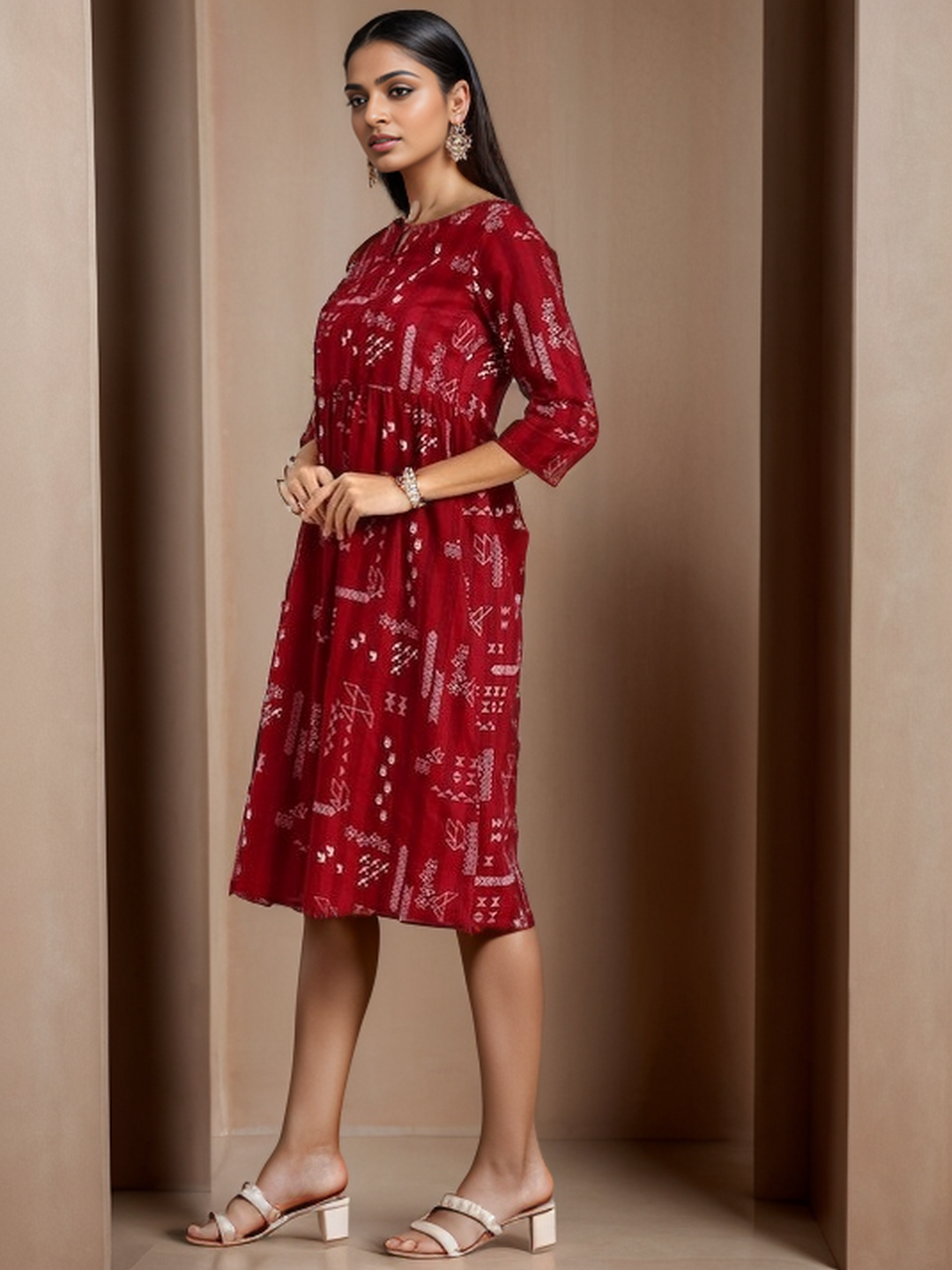 Geometric Round Neck 3/4 Sleeves Calf Length Cotton Straight Kurta