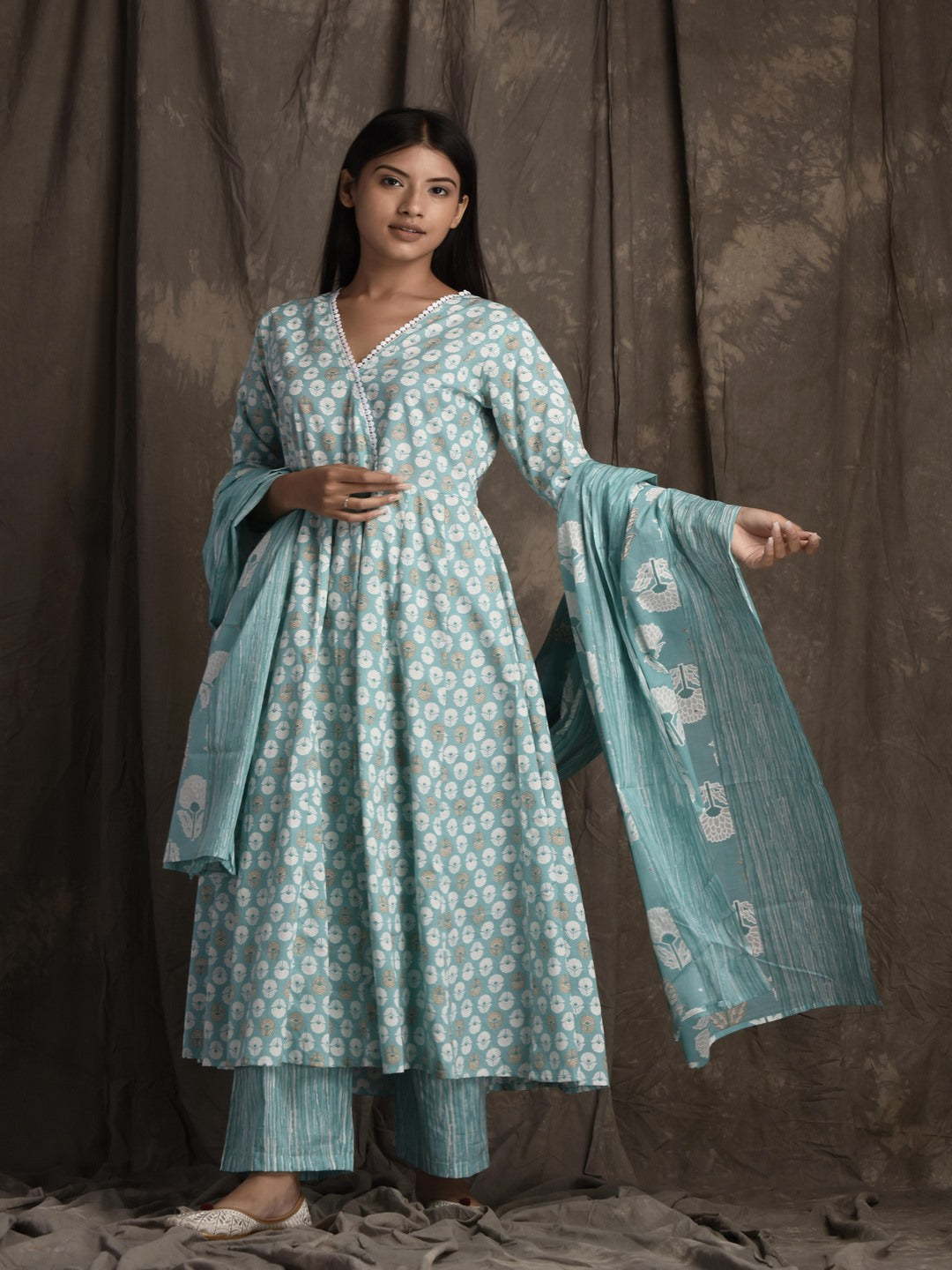 Pure Cotton V Neck 3/4 Sleeve Printed Kurta Set With Dupatta