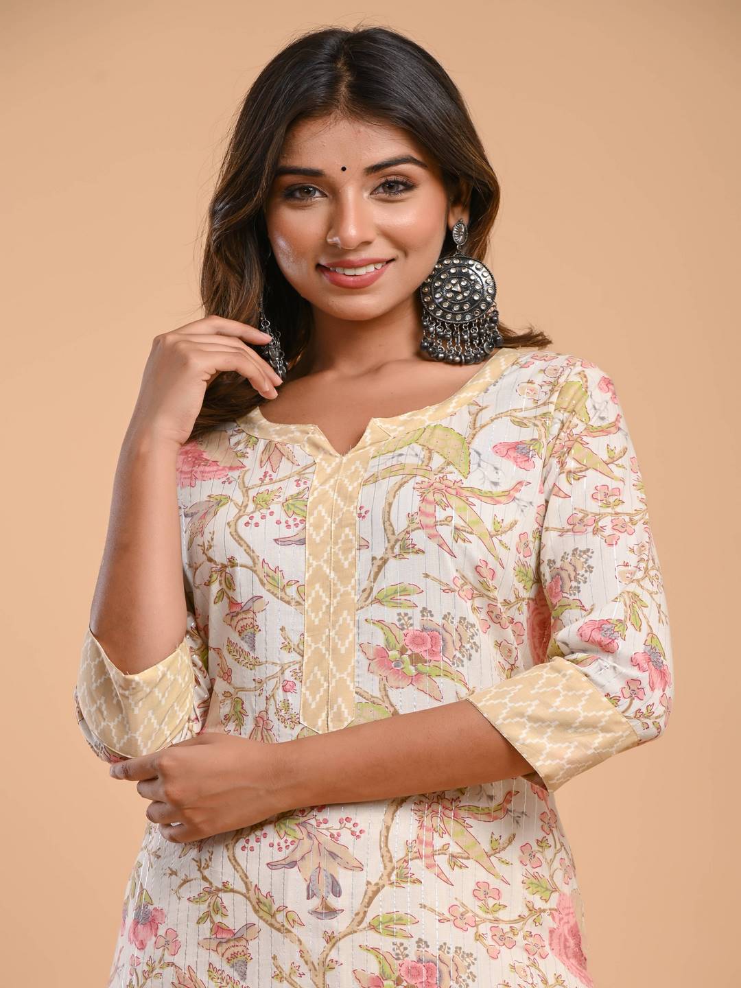 Pure Cotton Round Neck 3/4 Sleeve Floral Print Kurta Set