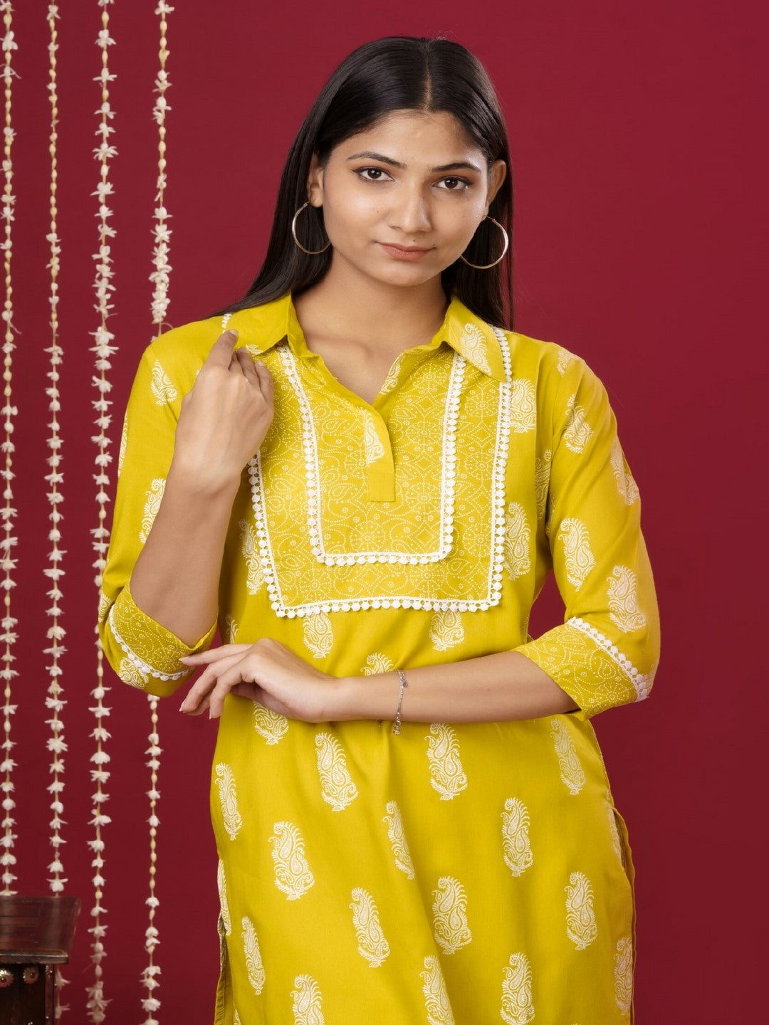 Viscose Rayon Collared Neck 3/4 Sleeve Printed Kurta Set