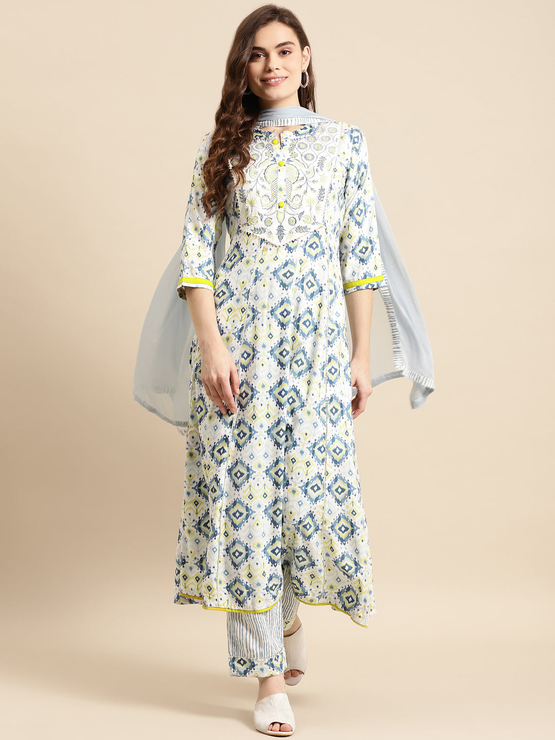 Embroidered Long A-Line Rayon Kurta Set With Dupatta