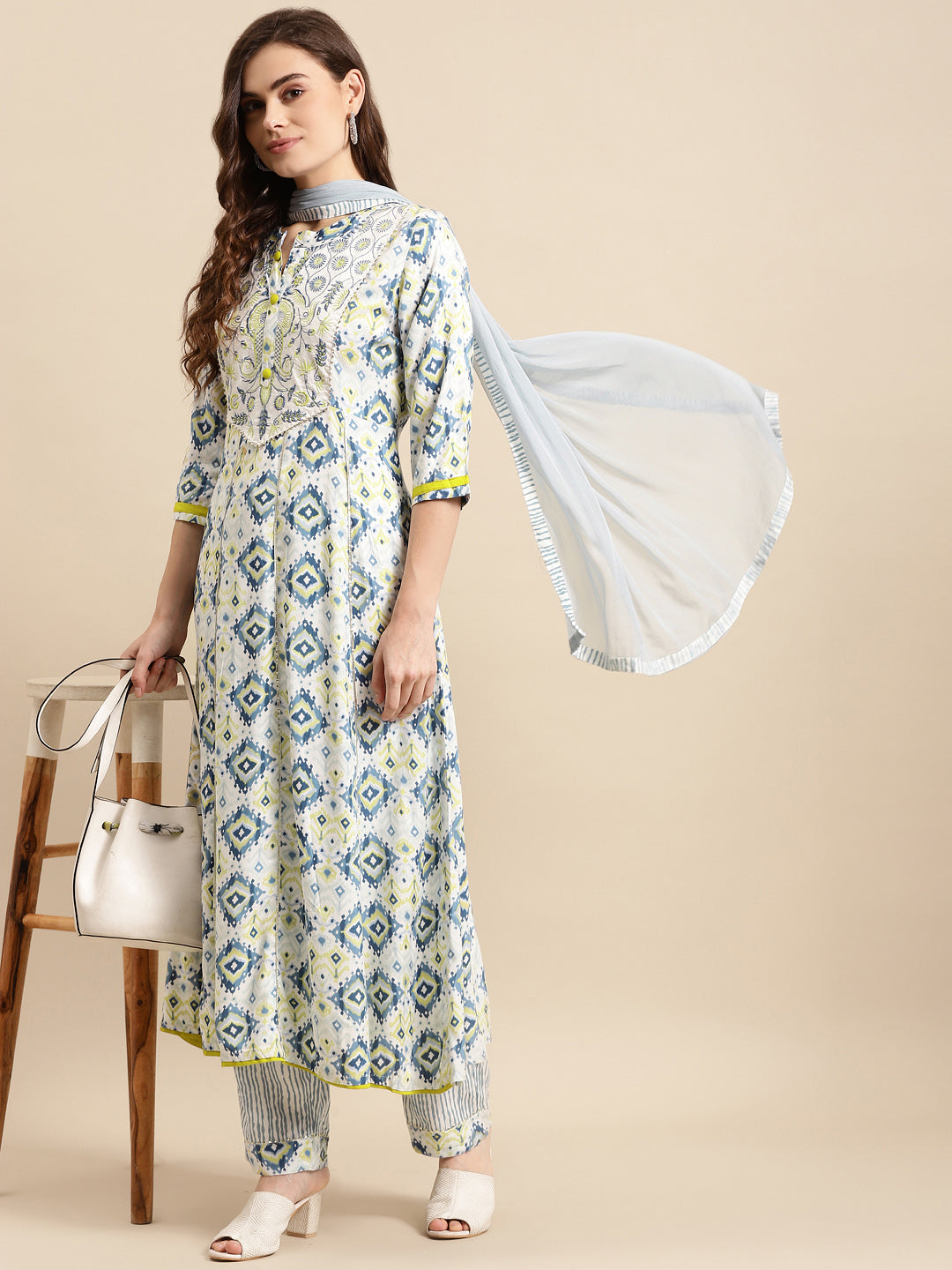 Embroidered Long A-Line Rayon Kurta Set With Dupatta