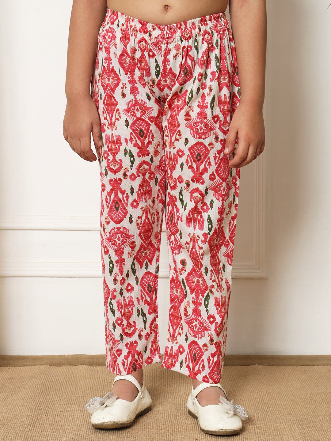 Girls Straight style Cotton fabric Red color Co-ord set