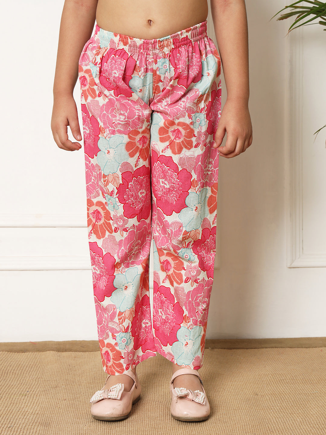 Girls Straight style Cotton fabric Pink color Co-ord set