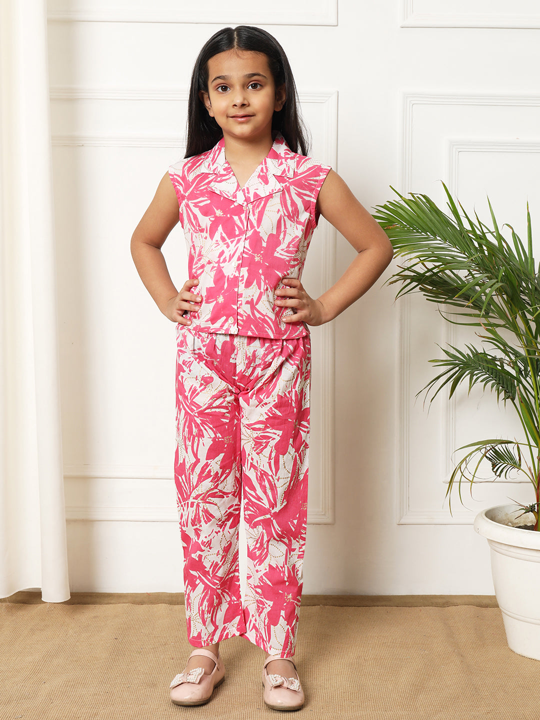Girls Straight style Cotton fabric Pink color Co-ord set