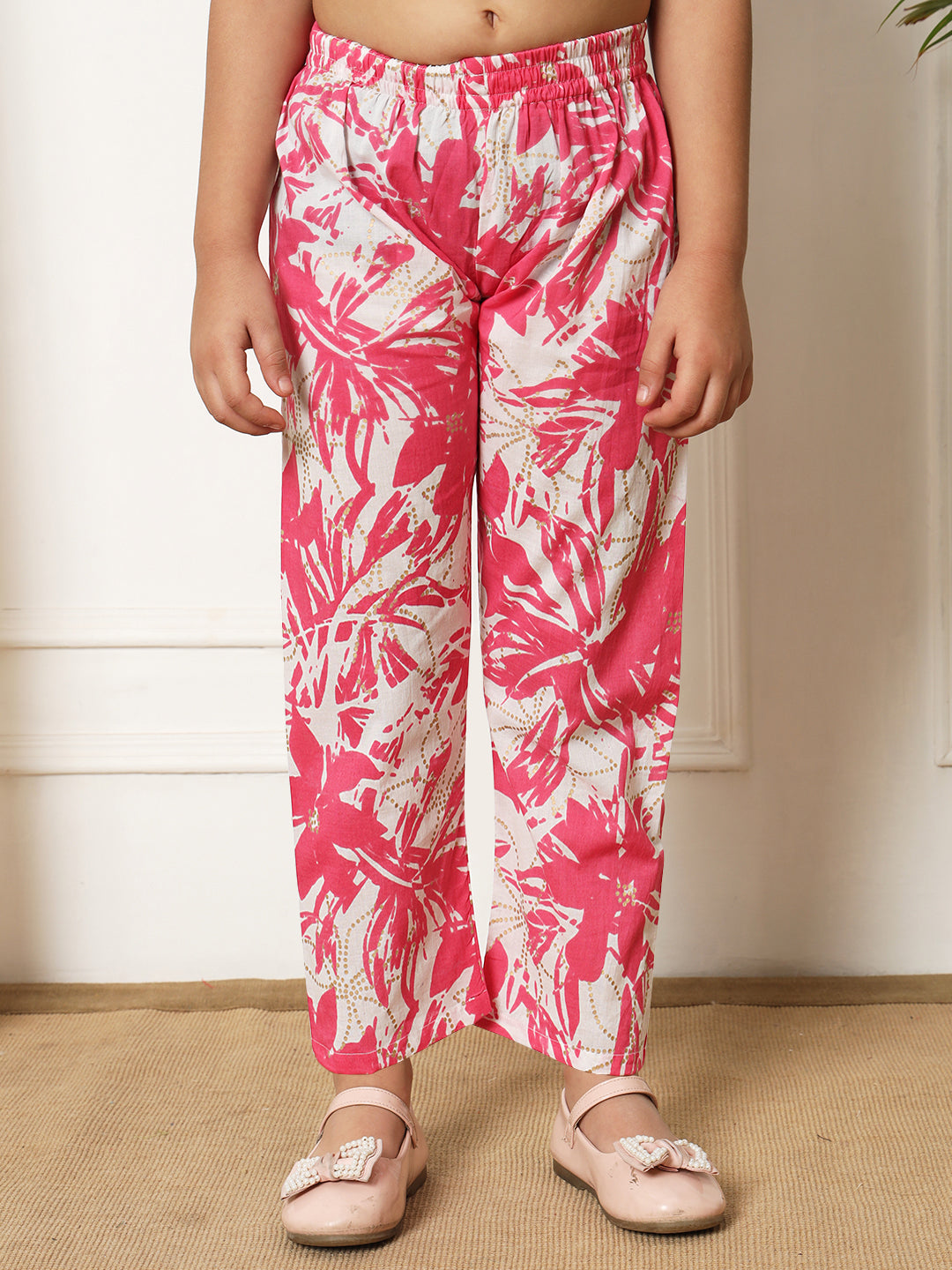 Girls Straight style Cotton fabric Pink color Co-ord set