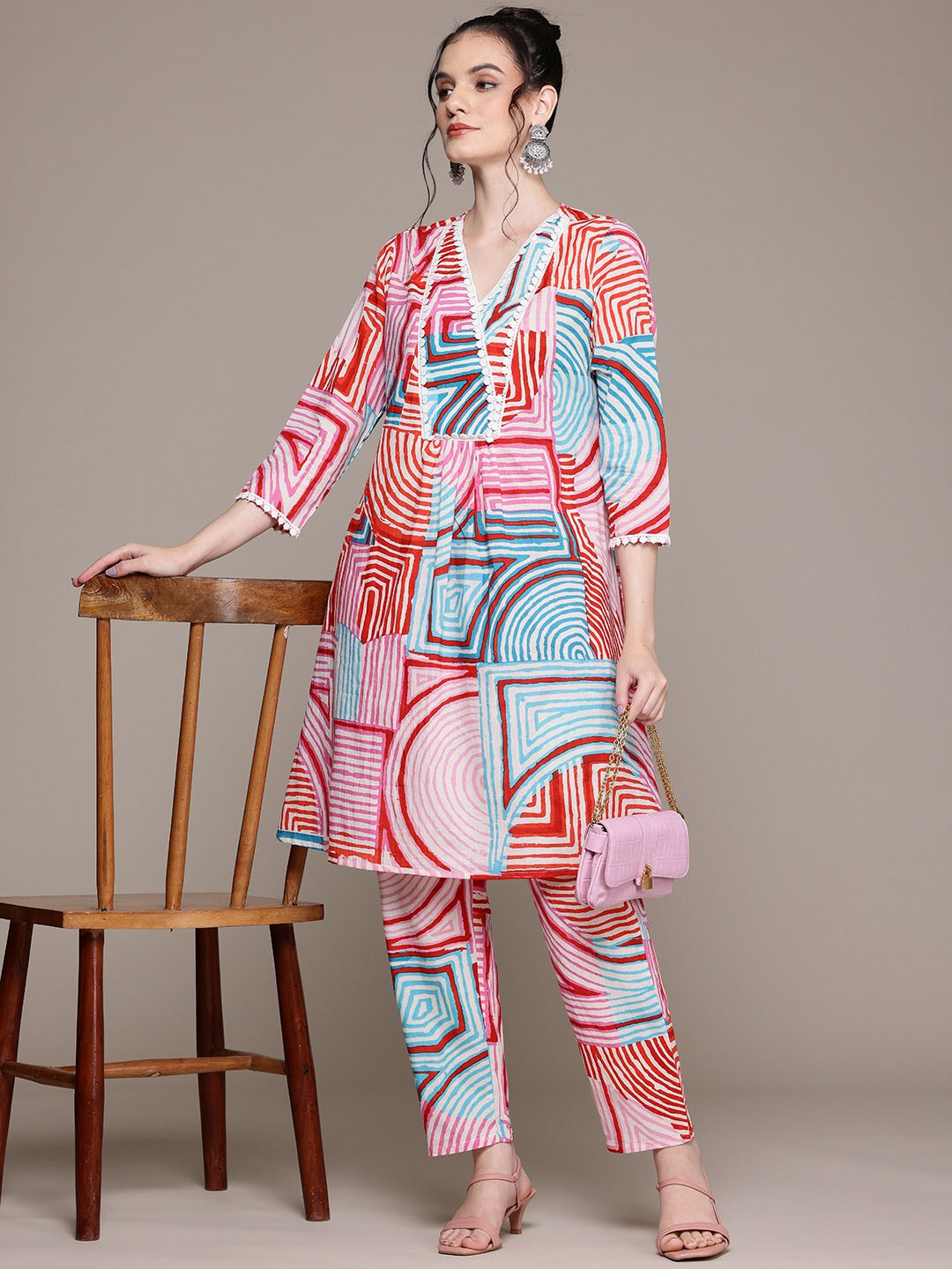 A Line Style Cotton Fabric Multi Color Co-Ord Set
